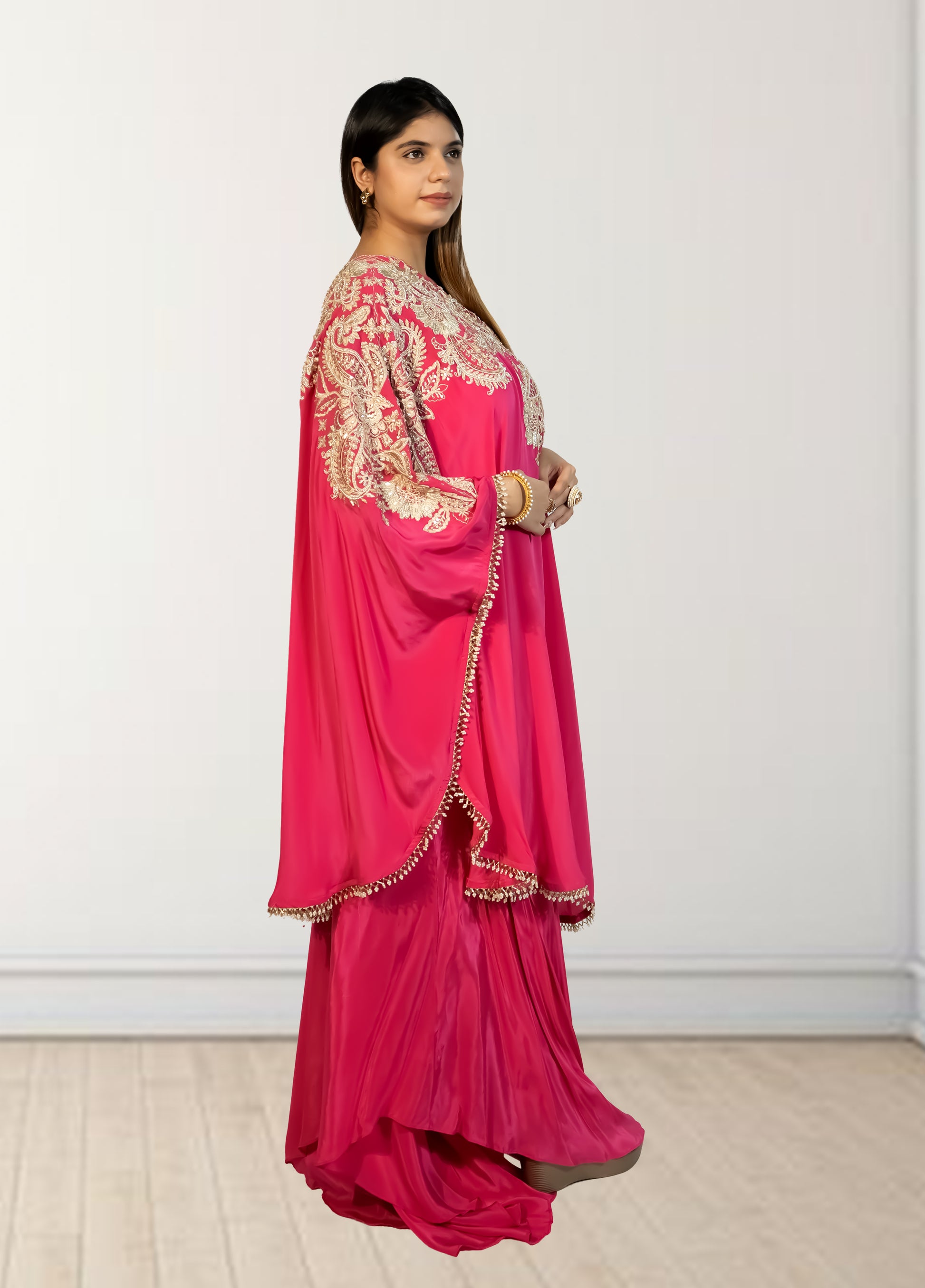 Hot Pink Off-Shoulder Cape with Sharara & Breastiser | Pearl, Lace, Cut Dana & Sequence Work | Indo Western | Sizes L–XXL - Bebo N Lolo