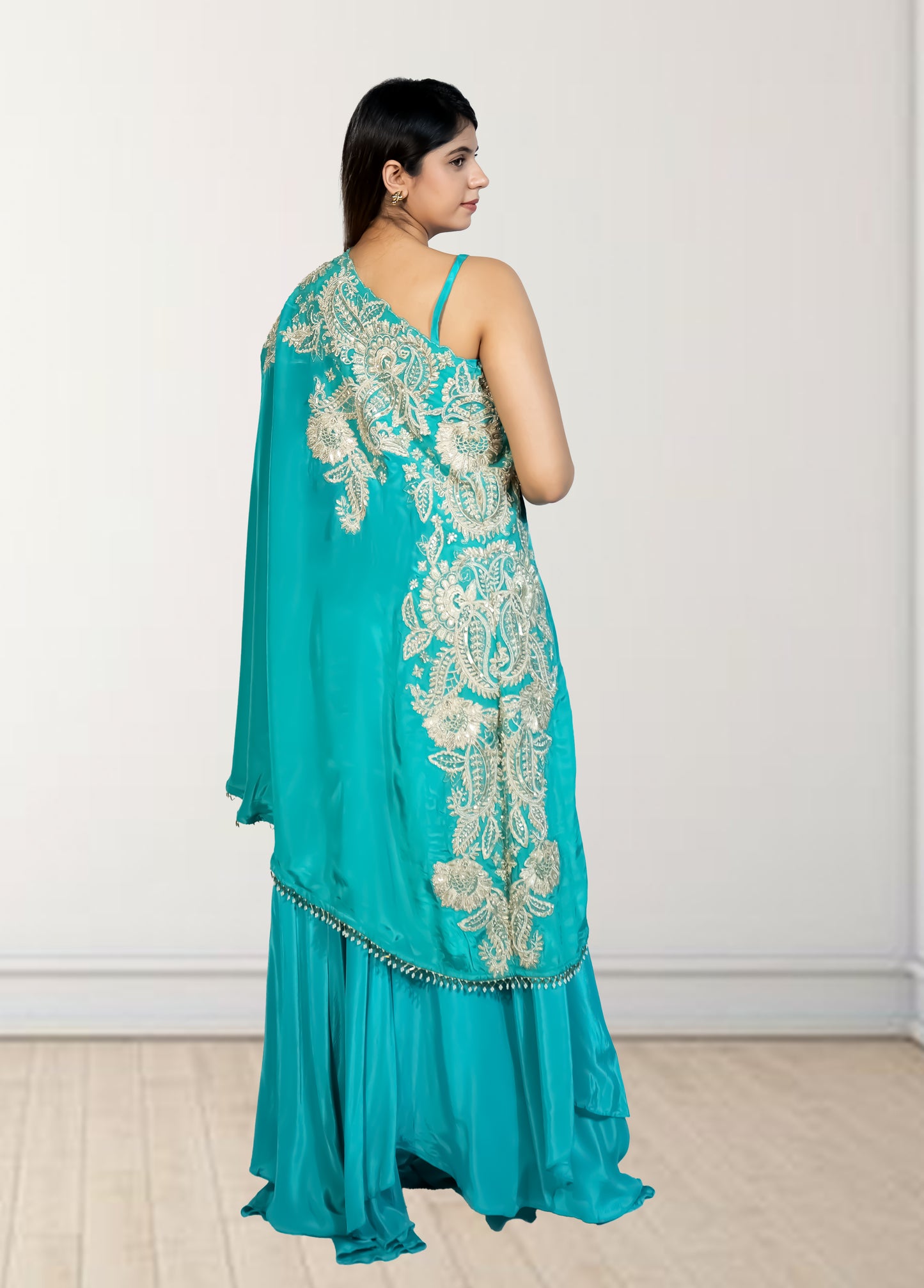 Rama Green Off-Shoulder Cape with Sharara & Breastiser | Pearl, Lace, Cut Dana & Sequence Work | Indo Western | Sizes L–XXL - Bebo N Lolo