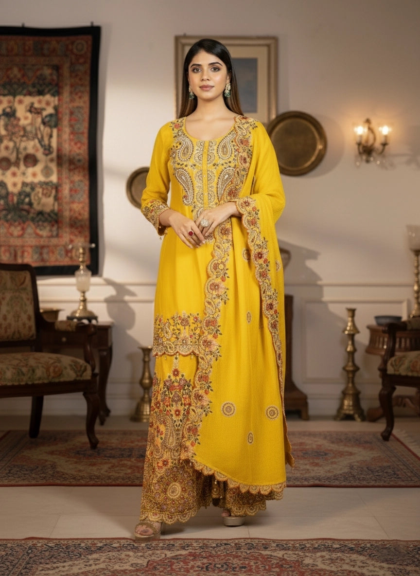 Woman in a yellow traditional outfit with intricate patterns in a decorated room.