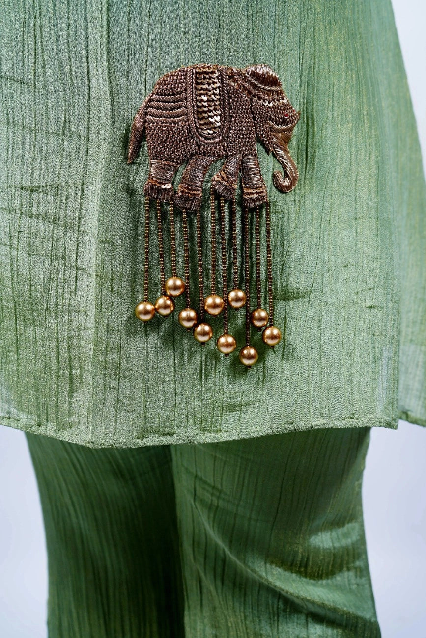 Ethereal Green Soft Simmer Crush Co-ord Set for Women | Beaded Elephant Motif | Sizes XS–5XL - Bebo N Lolo