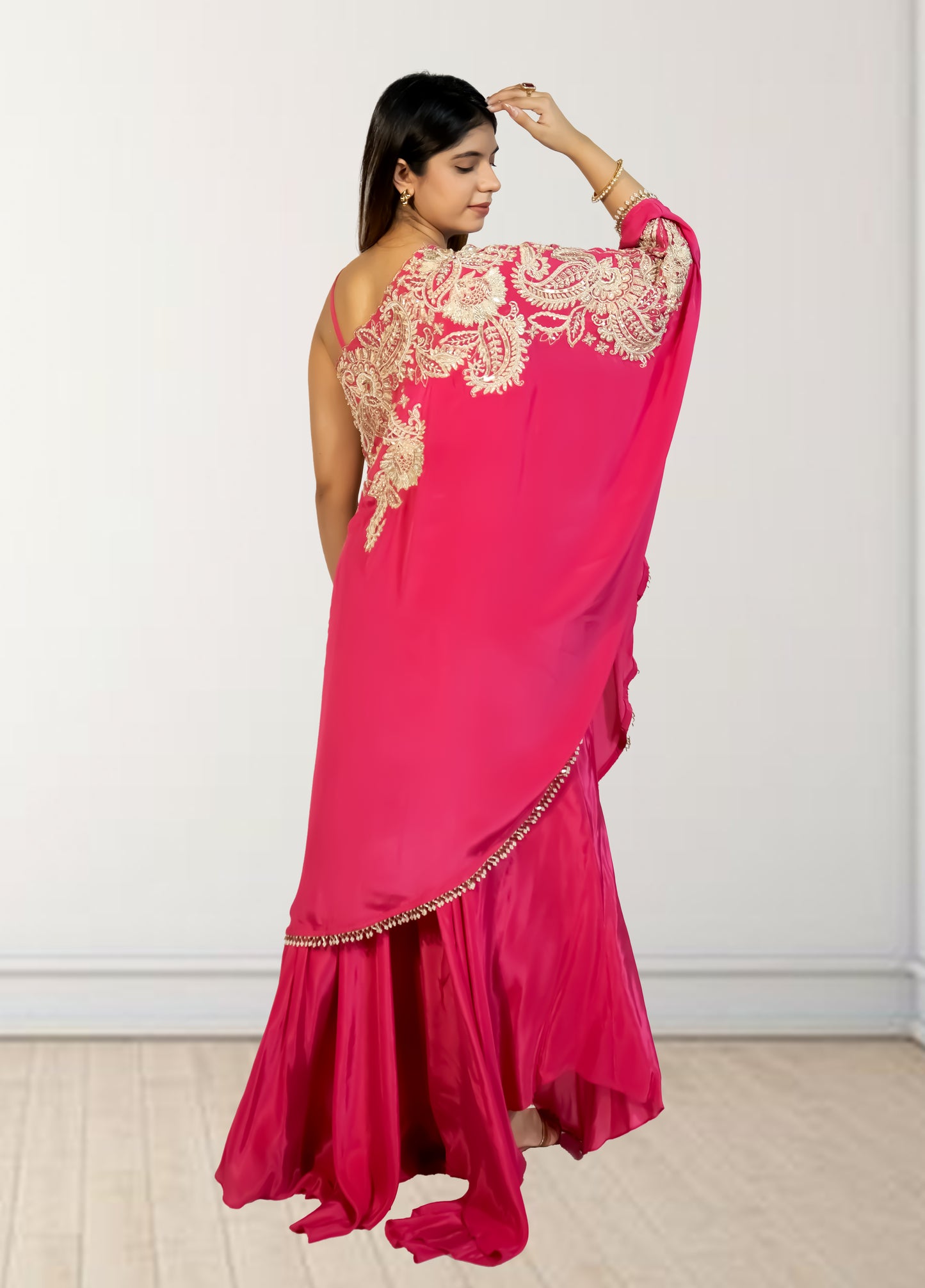 Hot Pink Off-Shoulder Cape with Sharara & Breastiser | Pearl, Lace, Cut Dana & Sequence Work | Indo Western | Sizes L–XXL - Bebo N Lolo