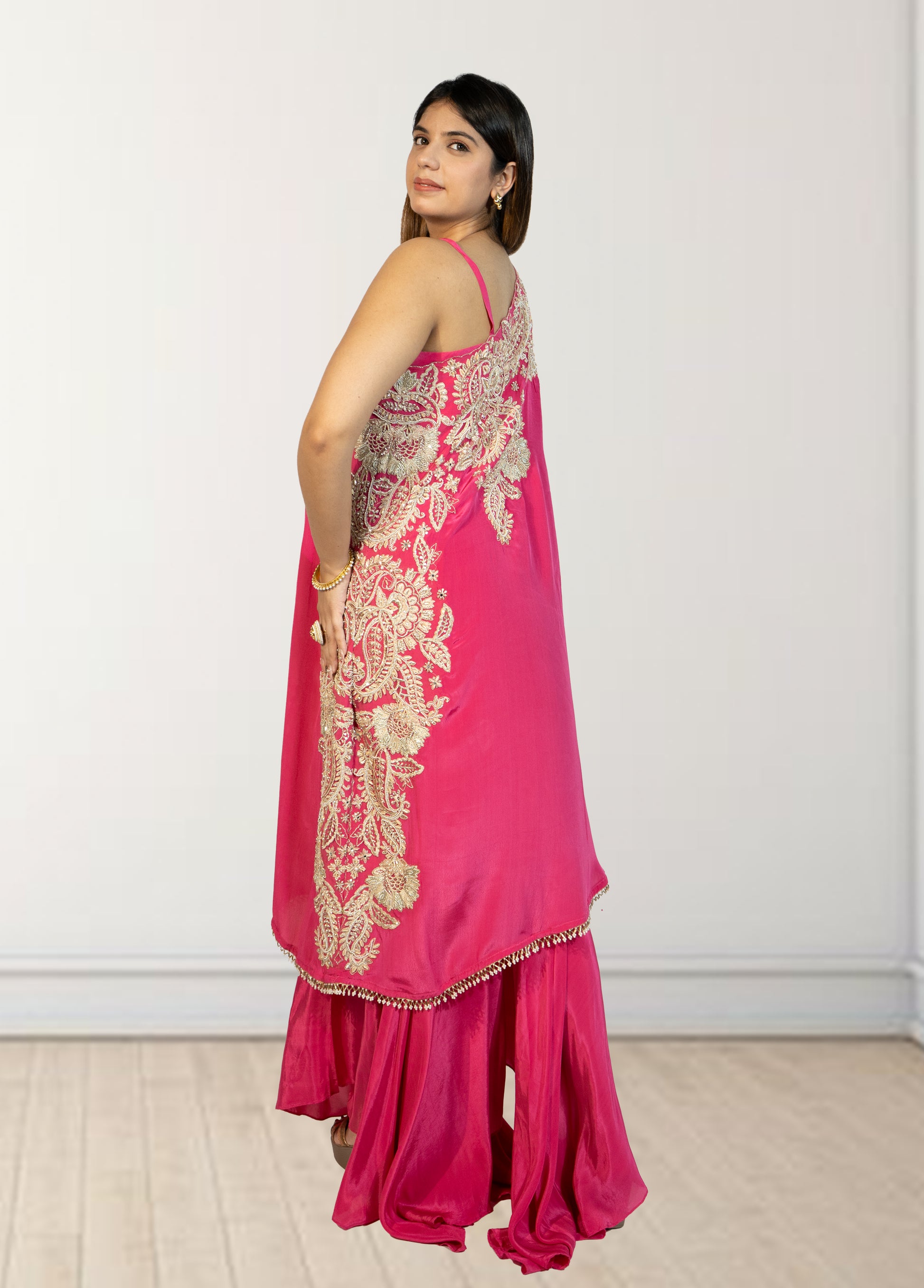 Hot Pink Off-Shoulder Cape with Sharara & Breastiser | Pearl, Lace, Cut Dana & Sequence Work | Indo Western | Sizes L–XXL - Bebo N Lolo