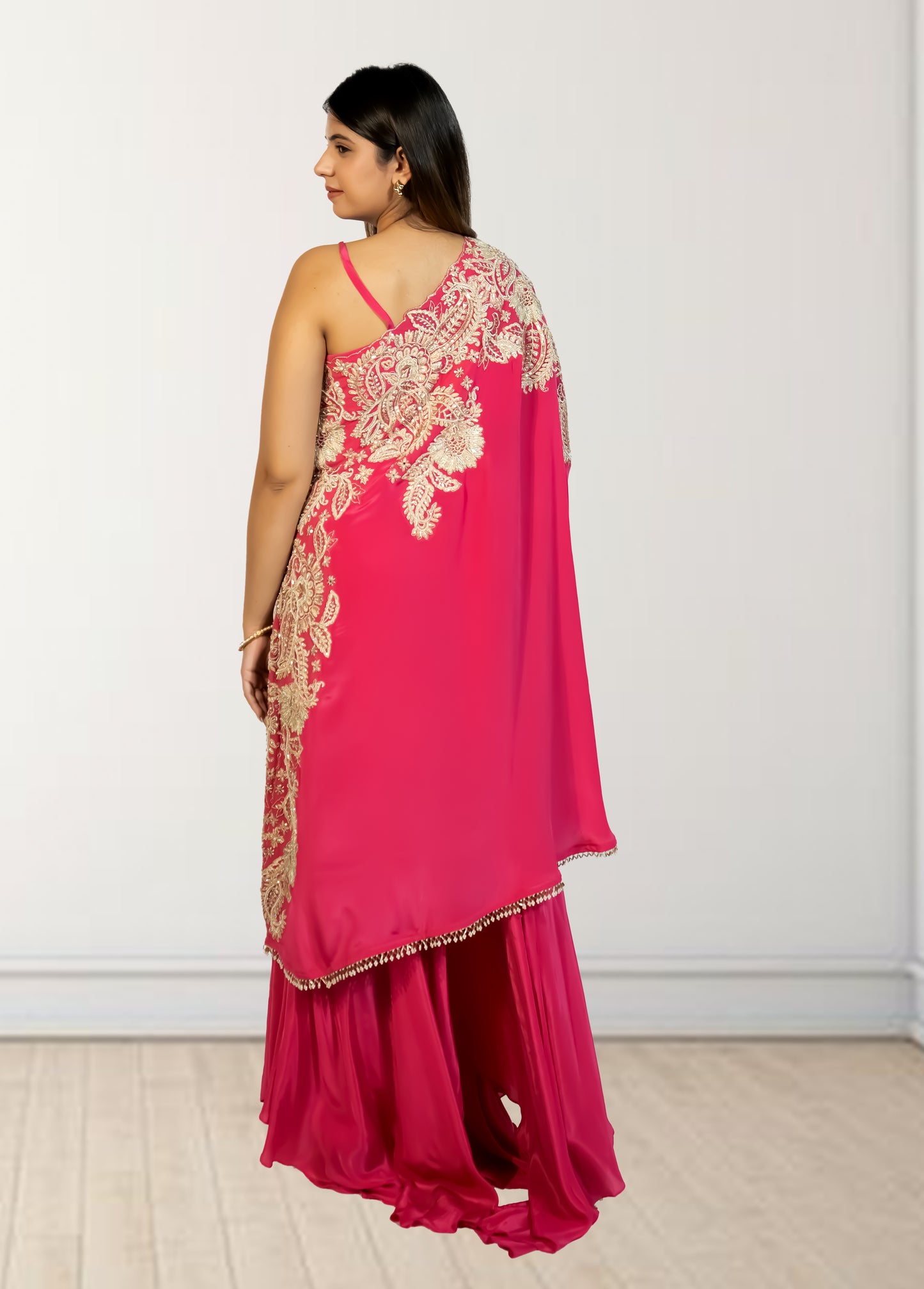 Hot Pink Off-Shoulder Cape with Sharara & Breastiser | Pearl, Lace, Cut Dana & Sequence Work | Indo Western | Sizes L–XXL - Bebo N Lolo