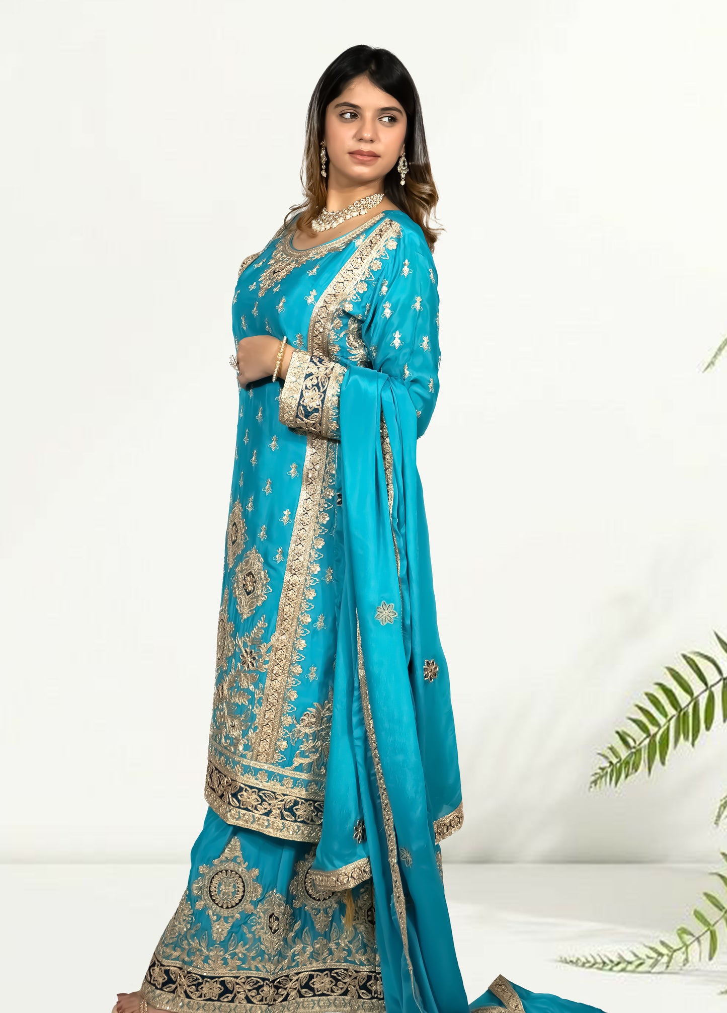 Woman wearing a blue embroidered saree with a white background