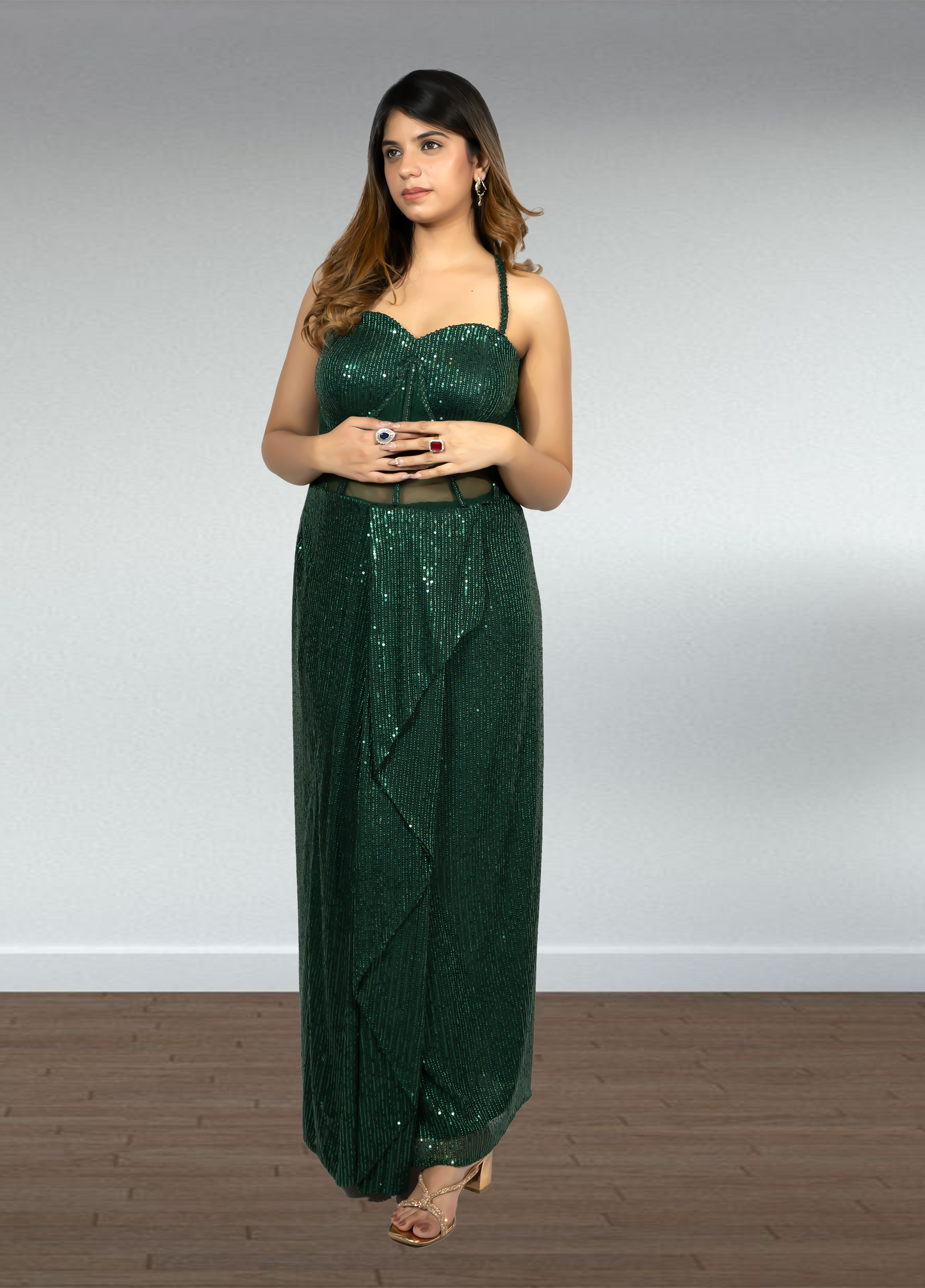Bottle Green Pure Gorget Indo-Western Gown with Cape | Sequence & Cut Dana Work | Sizes XS–4XL - Bebo N Lolo