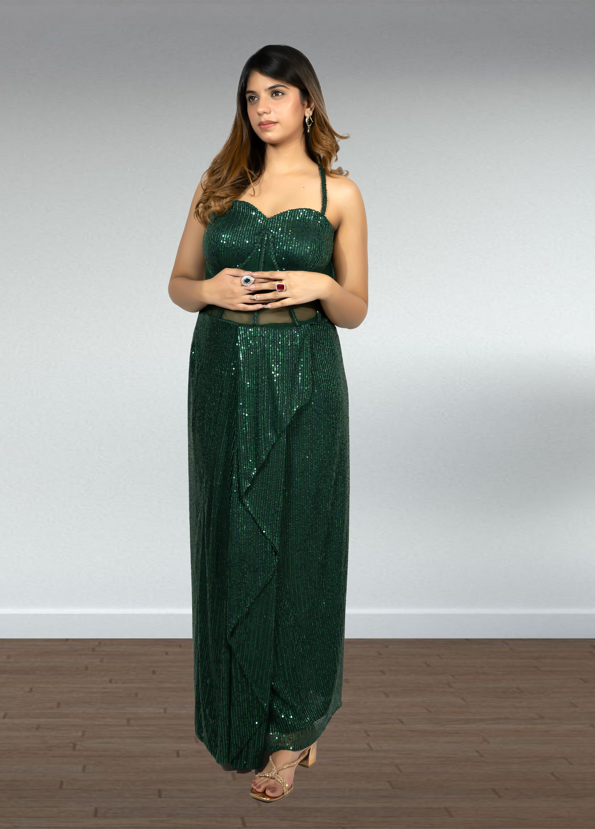 Bottle Green Pure Gorget Indo-Western Gown with Cape | Sequence & Cut Dana Work | Sizes XS–4XL - Bebo N Lolo