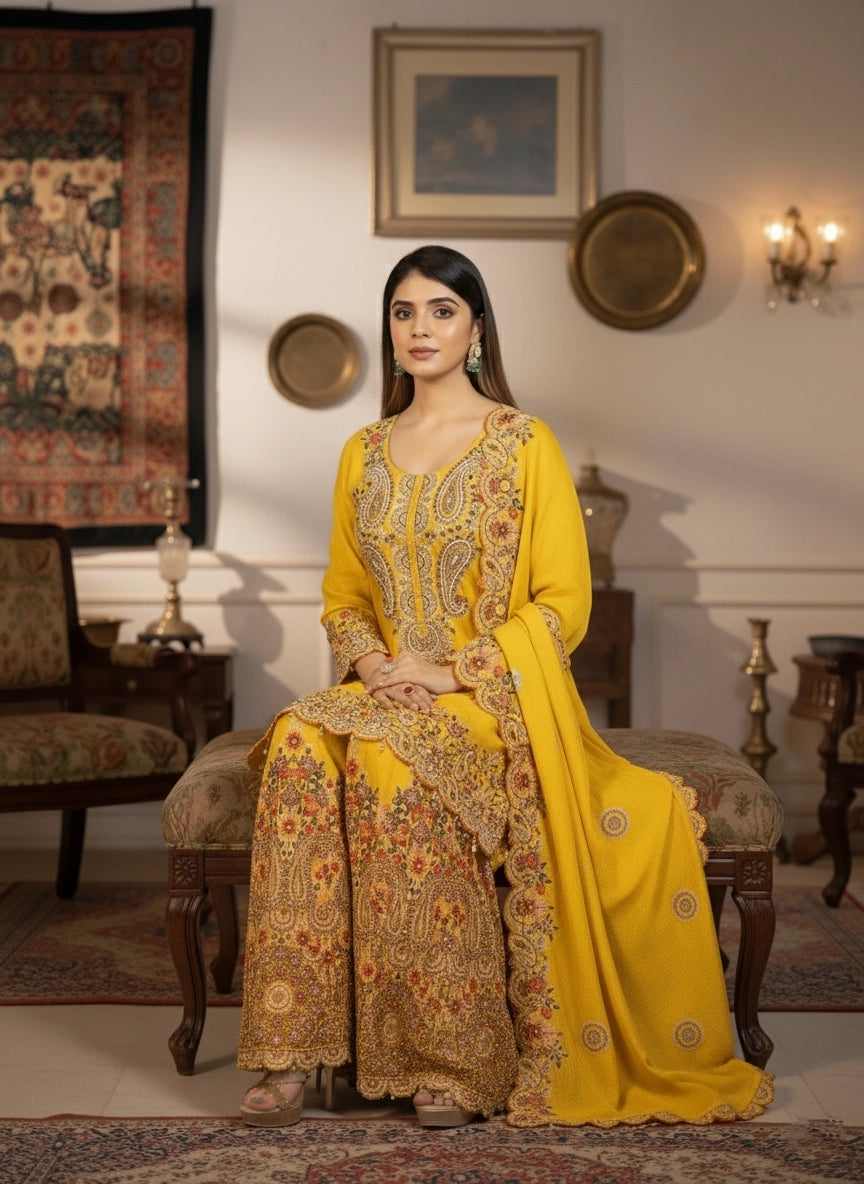 Woman in a yellow and gold traditional outfit sitting in an ornate room.