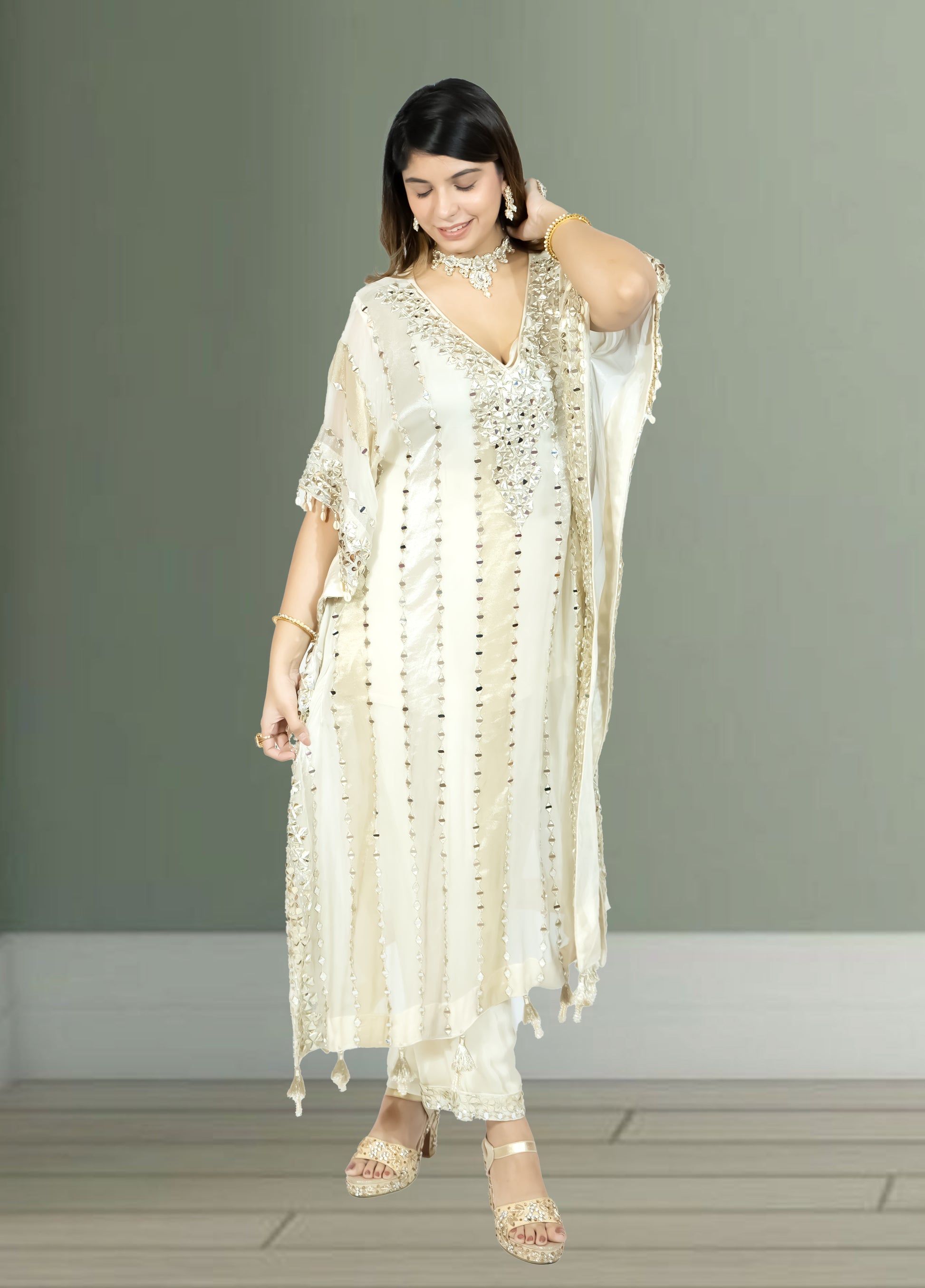 Off White Silk Kaftan with Pant | Gota & Mirror Work | Sizes M–XL - Bebo N Lolo