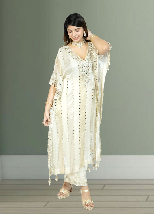 Off White Silk Kaftan with Pant | Gota & Mirror Work | Sizes M–XL - Bebo N Lolo