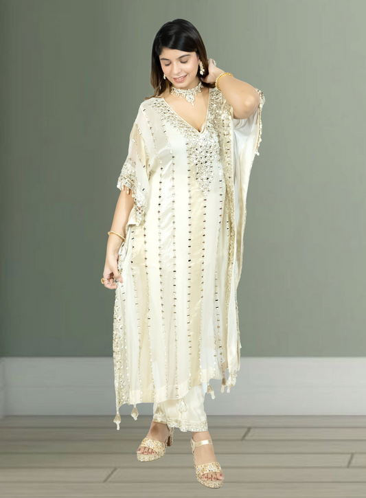 Off White Silk Kaftan with Pant | Gota & Mirror Work | Sizes M–XL - Bebo N Lolo