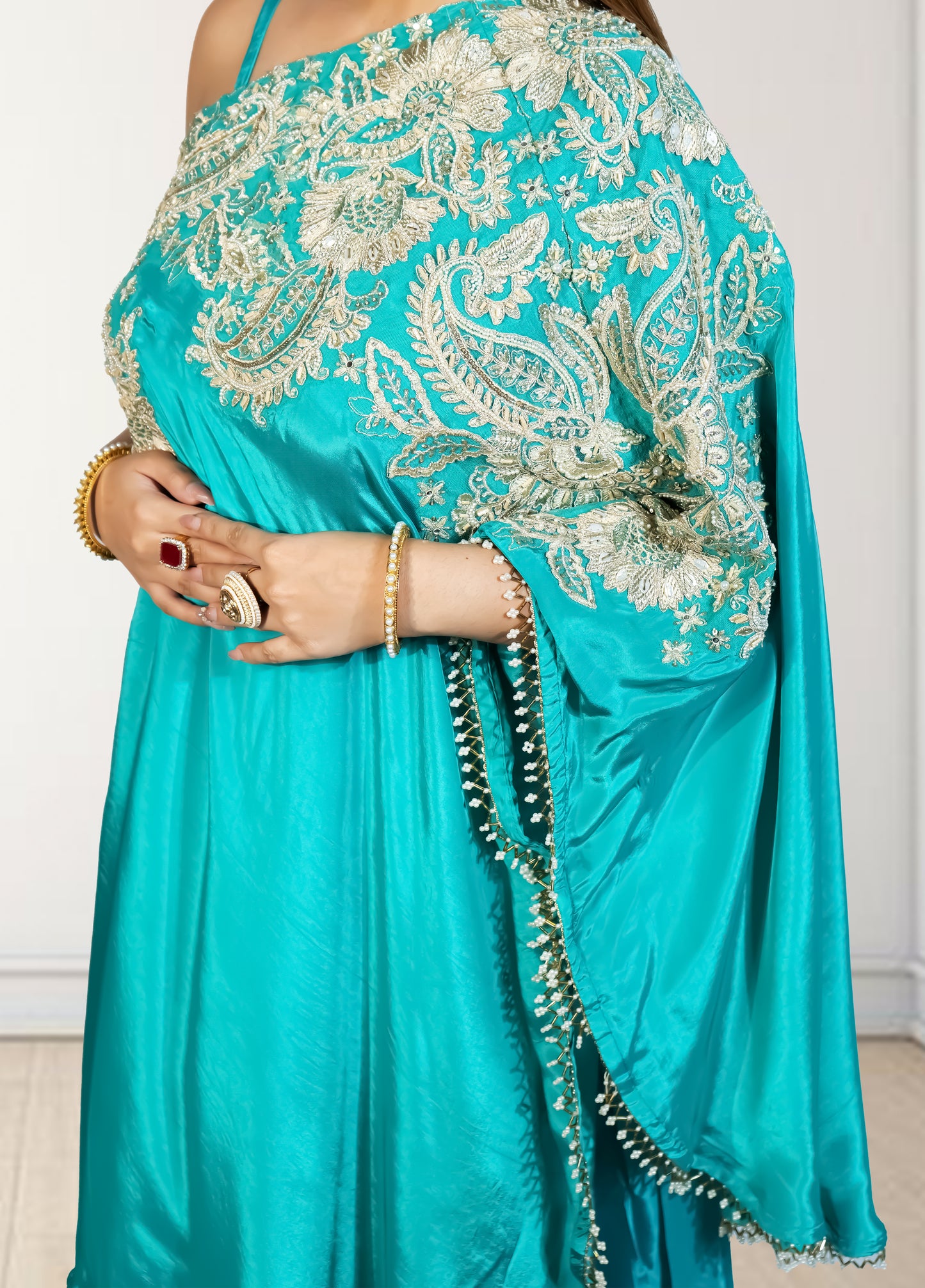 Rama Green Off-Shoulder Cape with Sharara & Breastiser | Pearl, Lace, Cut Dana & Sequence Work | Indo Western | Sizes L–XXL - Bebo N Lolo