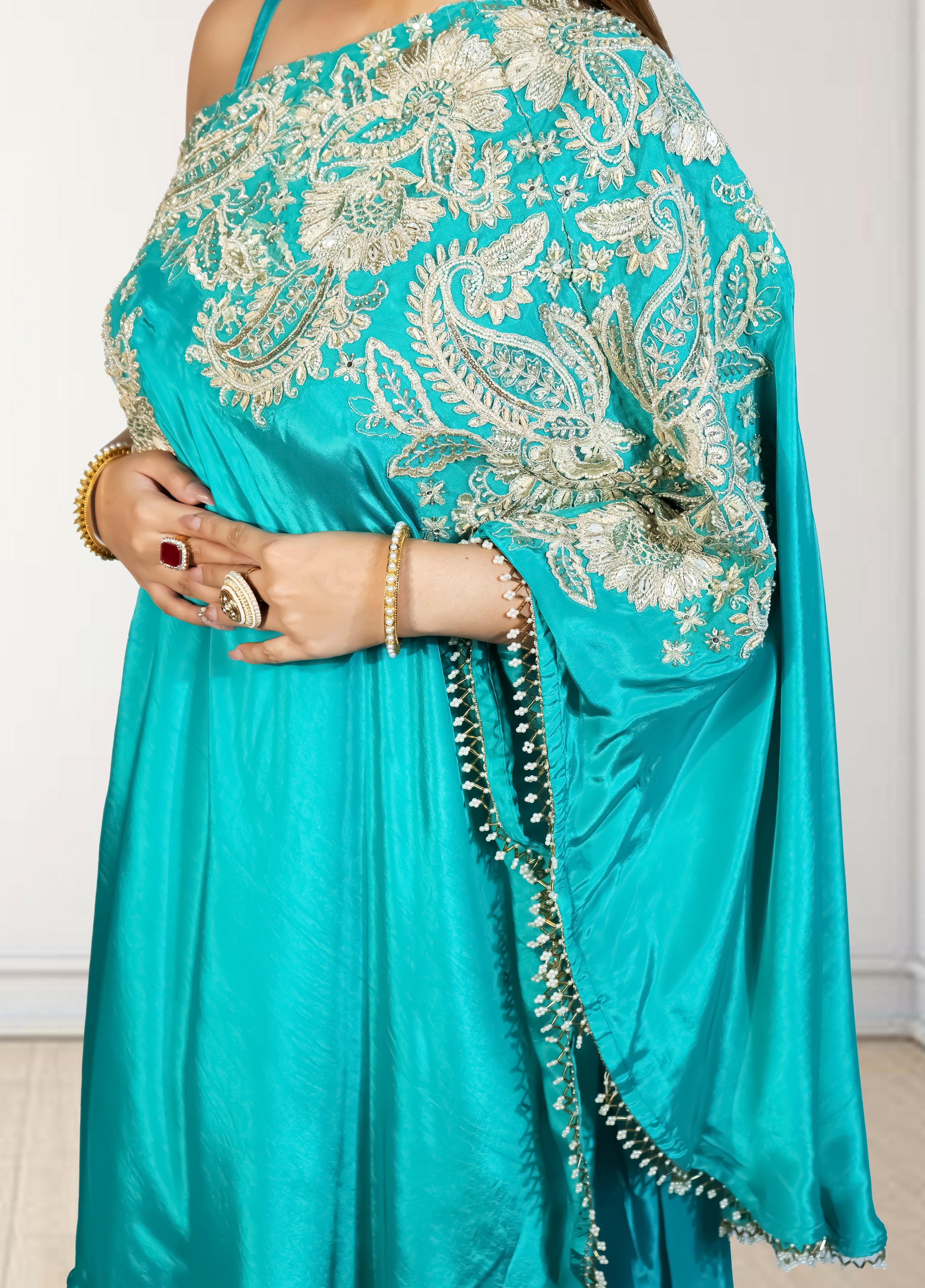 Rama Green Off-Shoulder Cape with Sharara & Breastiser | Pearl, Lace, Cut Dana & Sequence Work | Indo Western | Sizes L–XXL - Bebo N Lolo