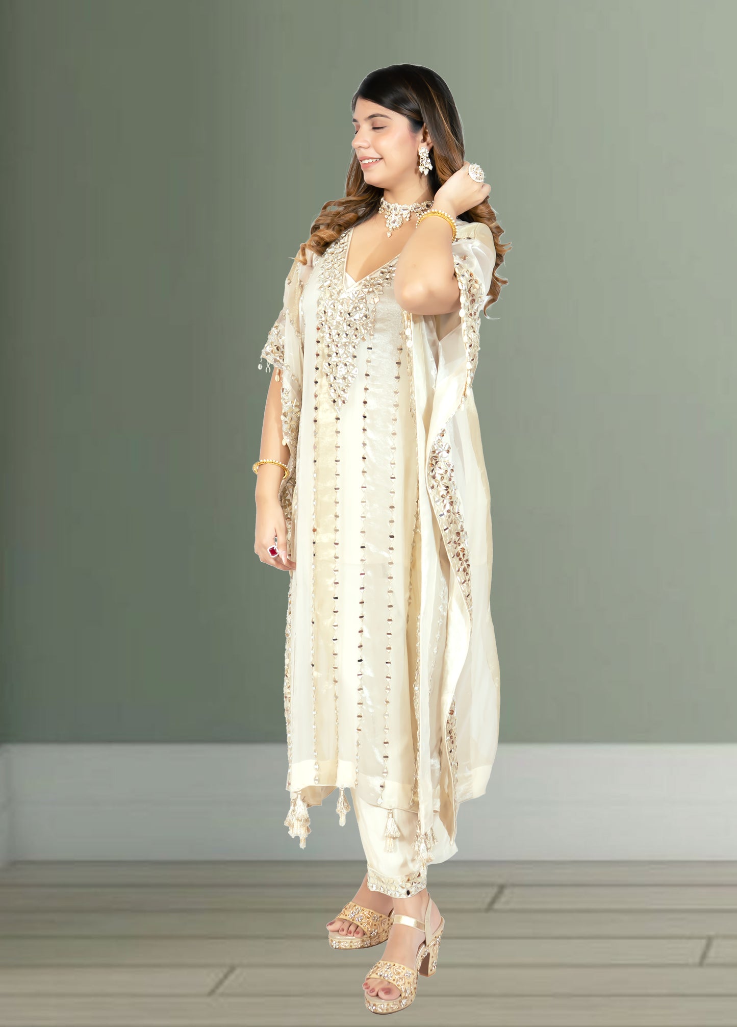 Off White Silk Kaftan with Pant | Gota & Mirror Work | Sizes M–XL - Bebo N Lolo