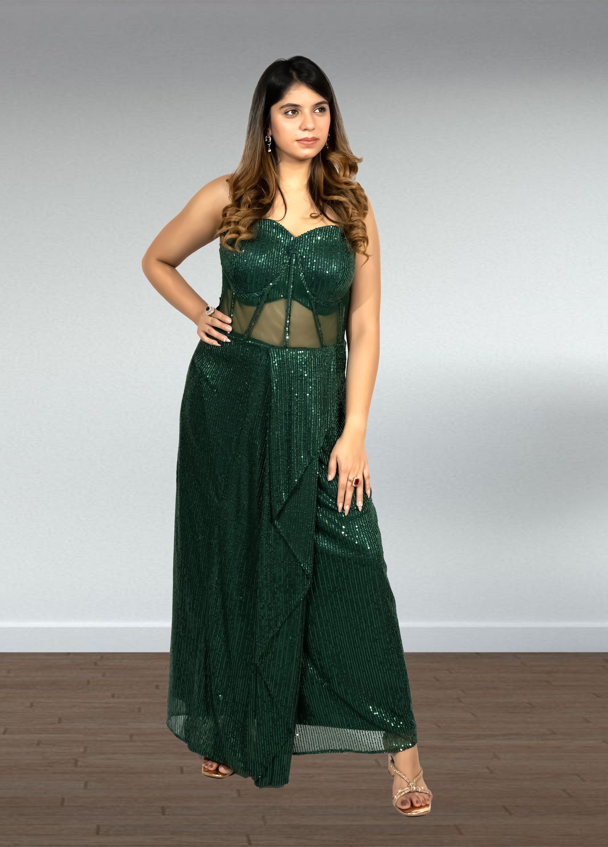 Bottle Green Pure Gorget Indo-Western Gown with Cape | Sequence & Cut Dana Work | Sizes XS–4XL - Bebo N Lolo