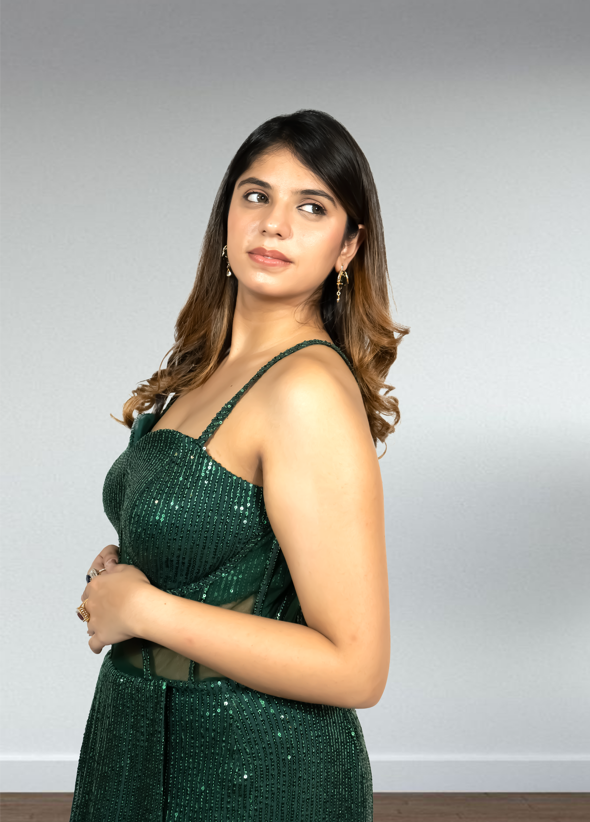 Bottle Green Pure Gorget Indo-Western Gown with Cape | Sequence & Cut Dana Work | Sizes XS–4XL - Bebo N Lolo