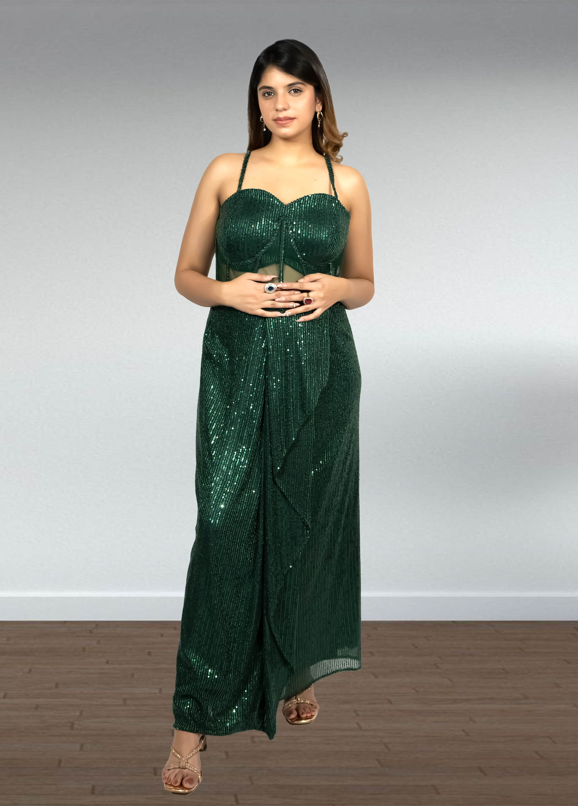Bottle Green Pure Gorget Indo-Western Gown with Cape | Sequence & Cut Dana Work | Sizes XS–4XL - Bebo N Lolo
