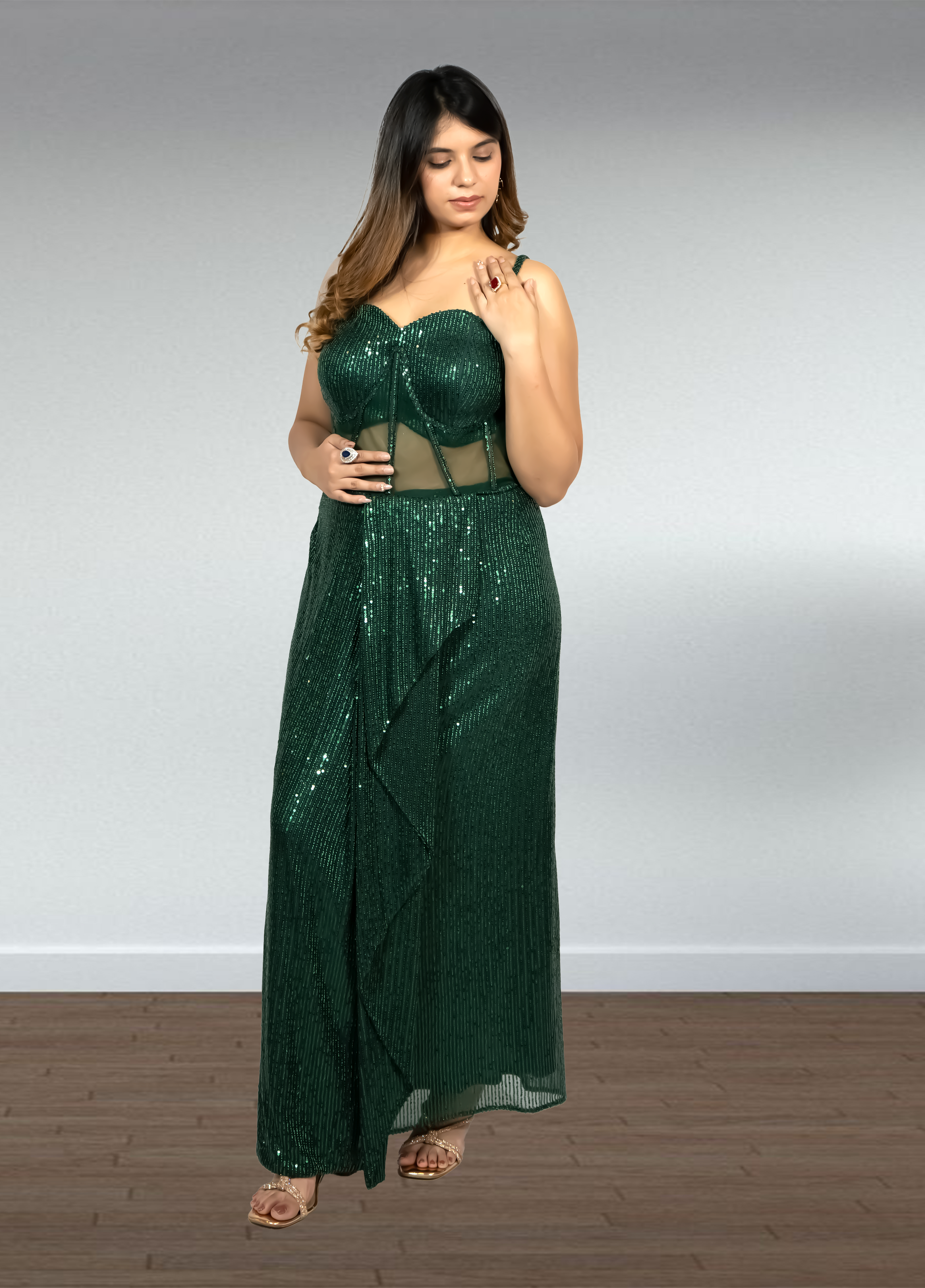 Bottle Green Pure Gorget Indo-Western Gown with Cape | Sequence & Cut Dana Work | Sizes XS–4XL - Bebo N Lolo