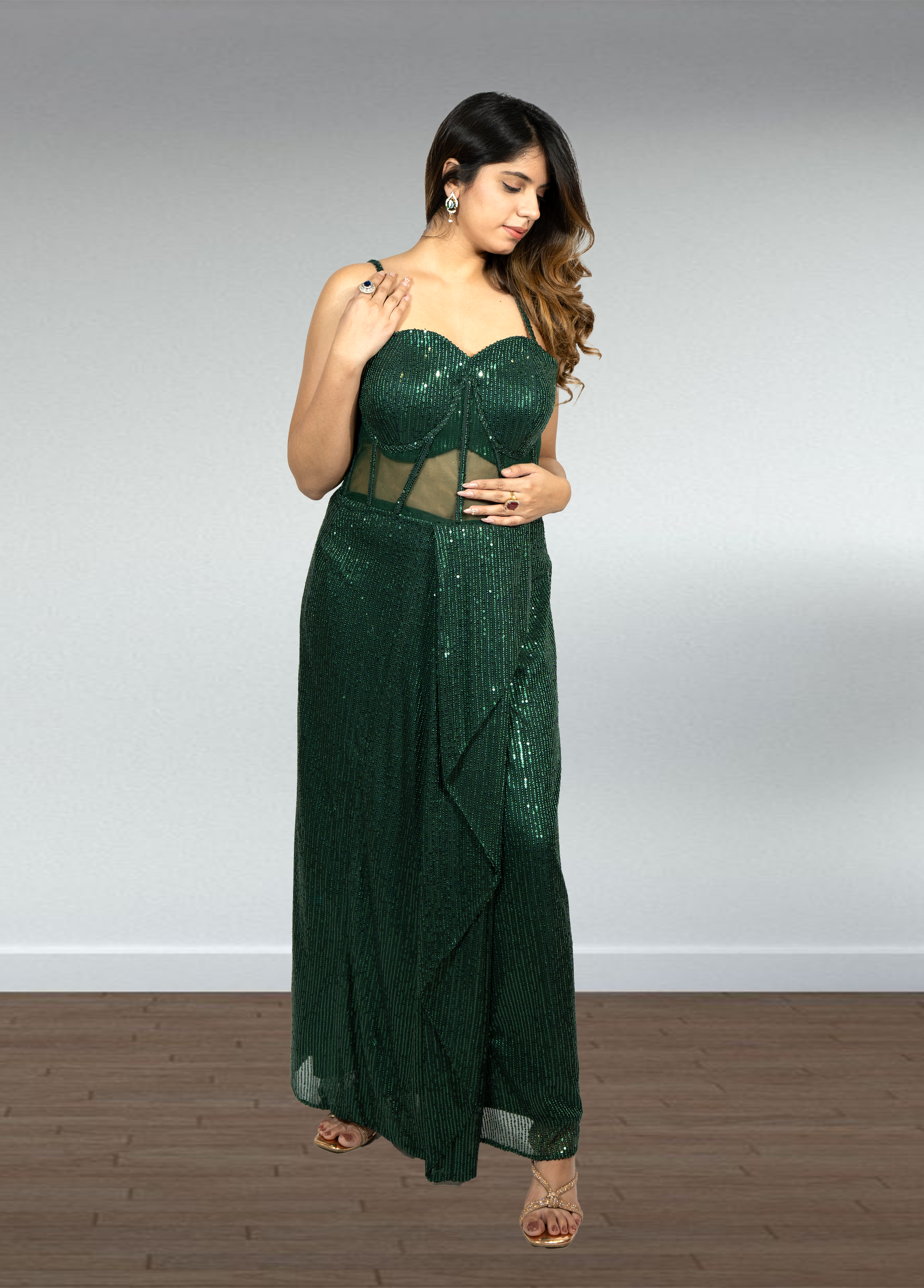Bottle Green Pure Gorget Indo-Western Gown with Cape | Sequence & Cut Dana Work | Sizes XS–4XL - Bebo N Lolo