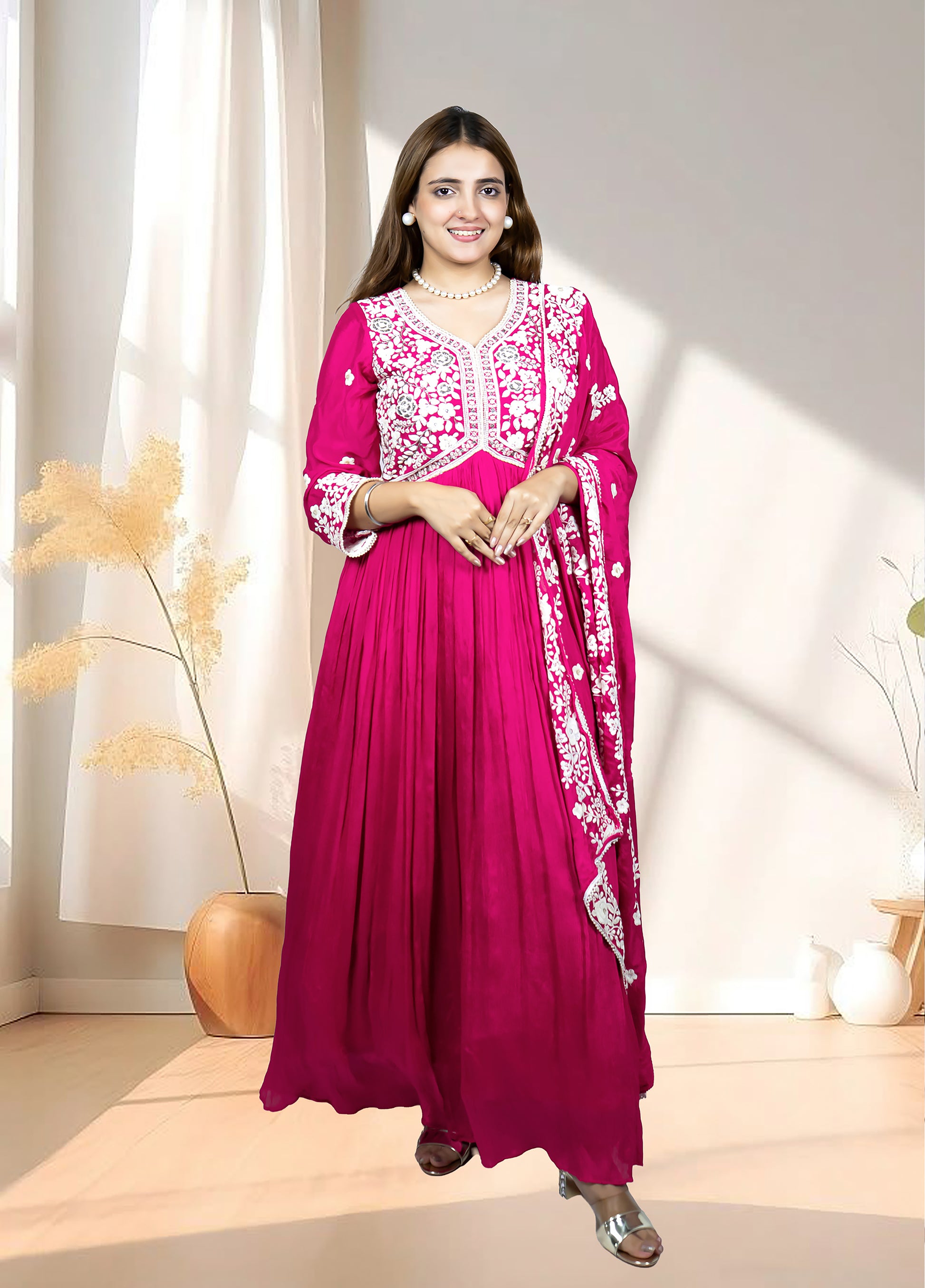 Hot Pink Chinnon Anarkali with Dupatta | Thread & Cut Dana Work | Sizes S–L - Bebo N Lolo