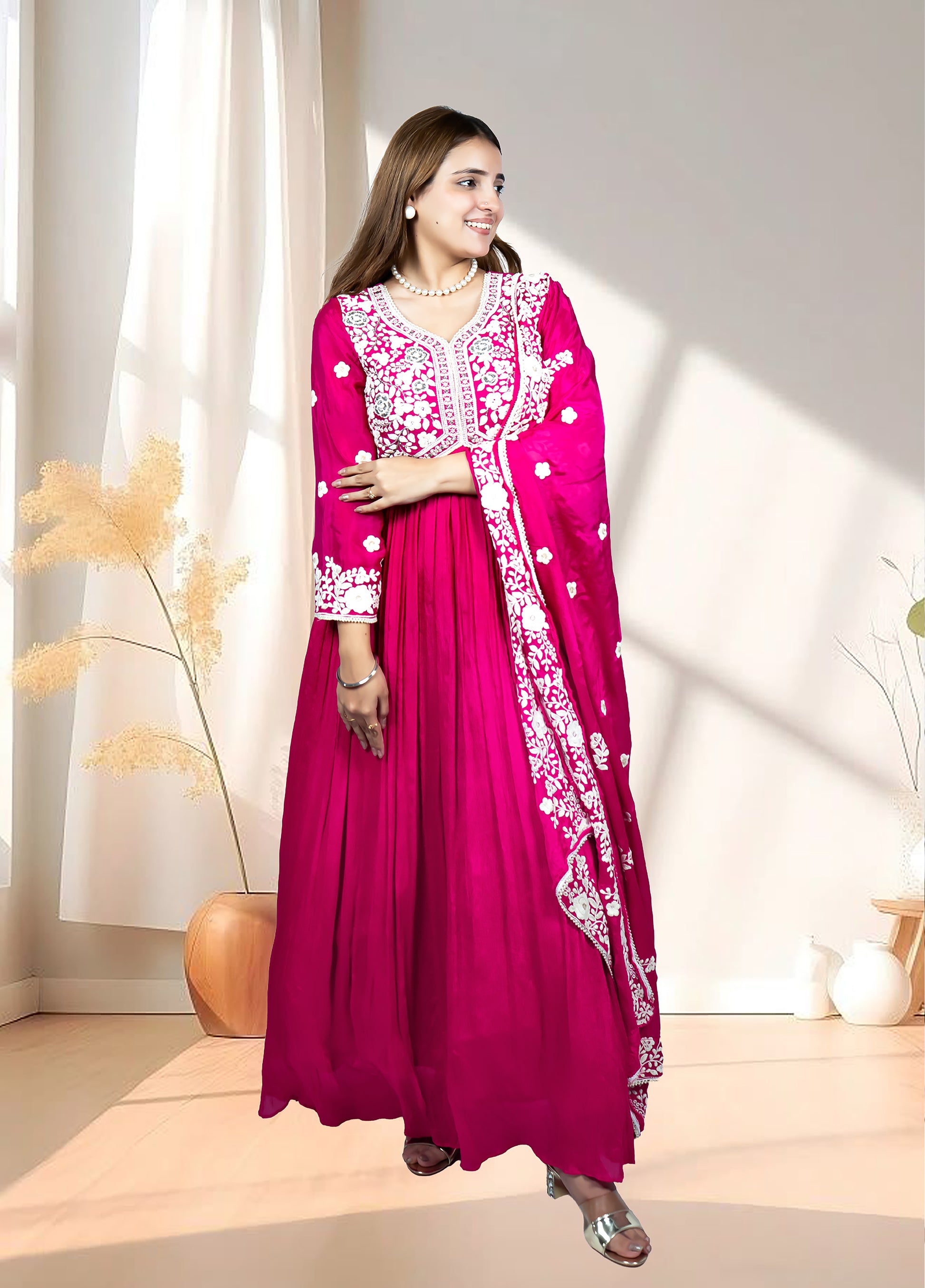 Hot Pink Chinnon Anarkali with Dupatta | Thread & Cut Dana Work | Sizes S–L - Bebo N Lolo