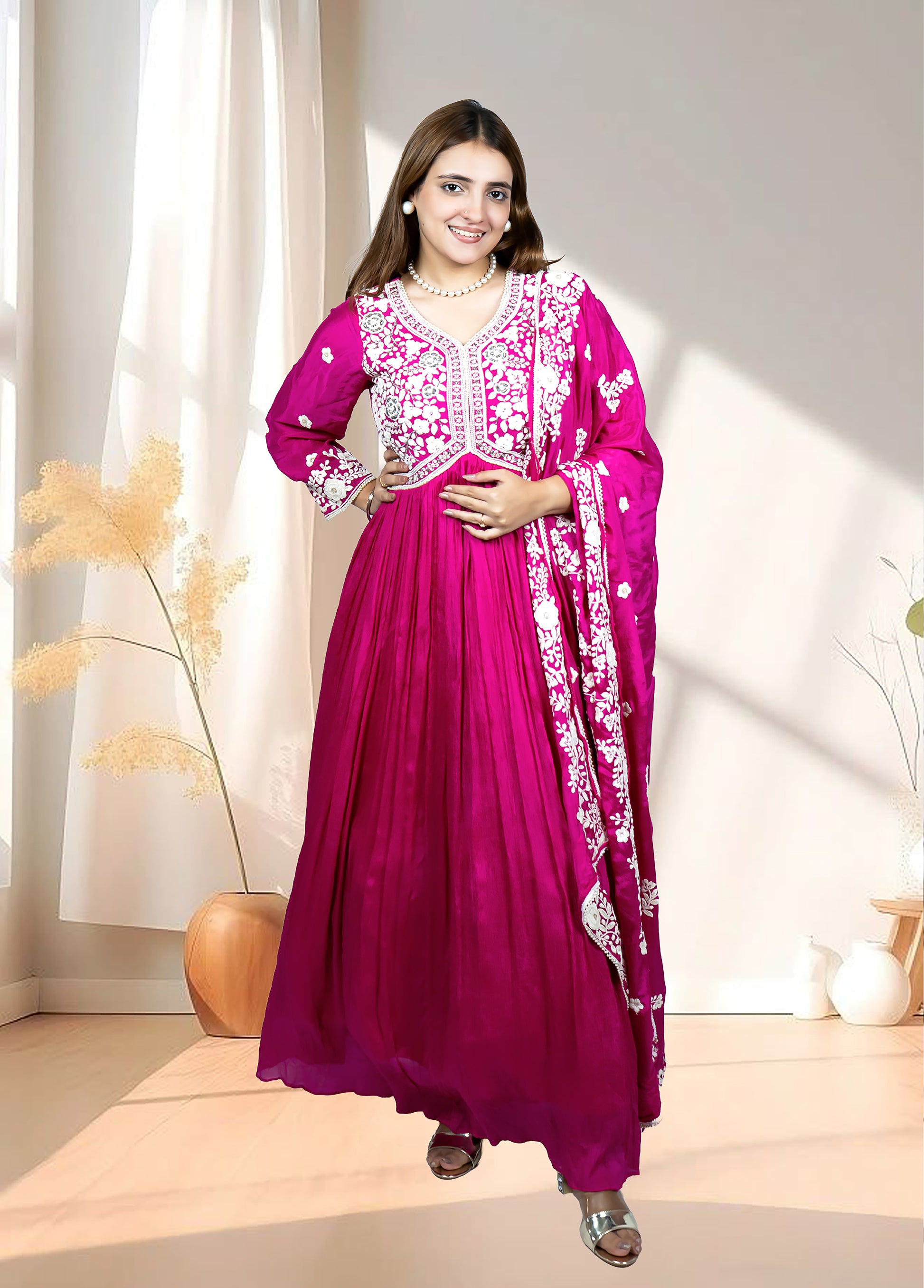 Hot Pink Chinnon Anarkali with Dupatta | Thread & Cut Dana Work | Sizes S–L - Bebo N Lolo