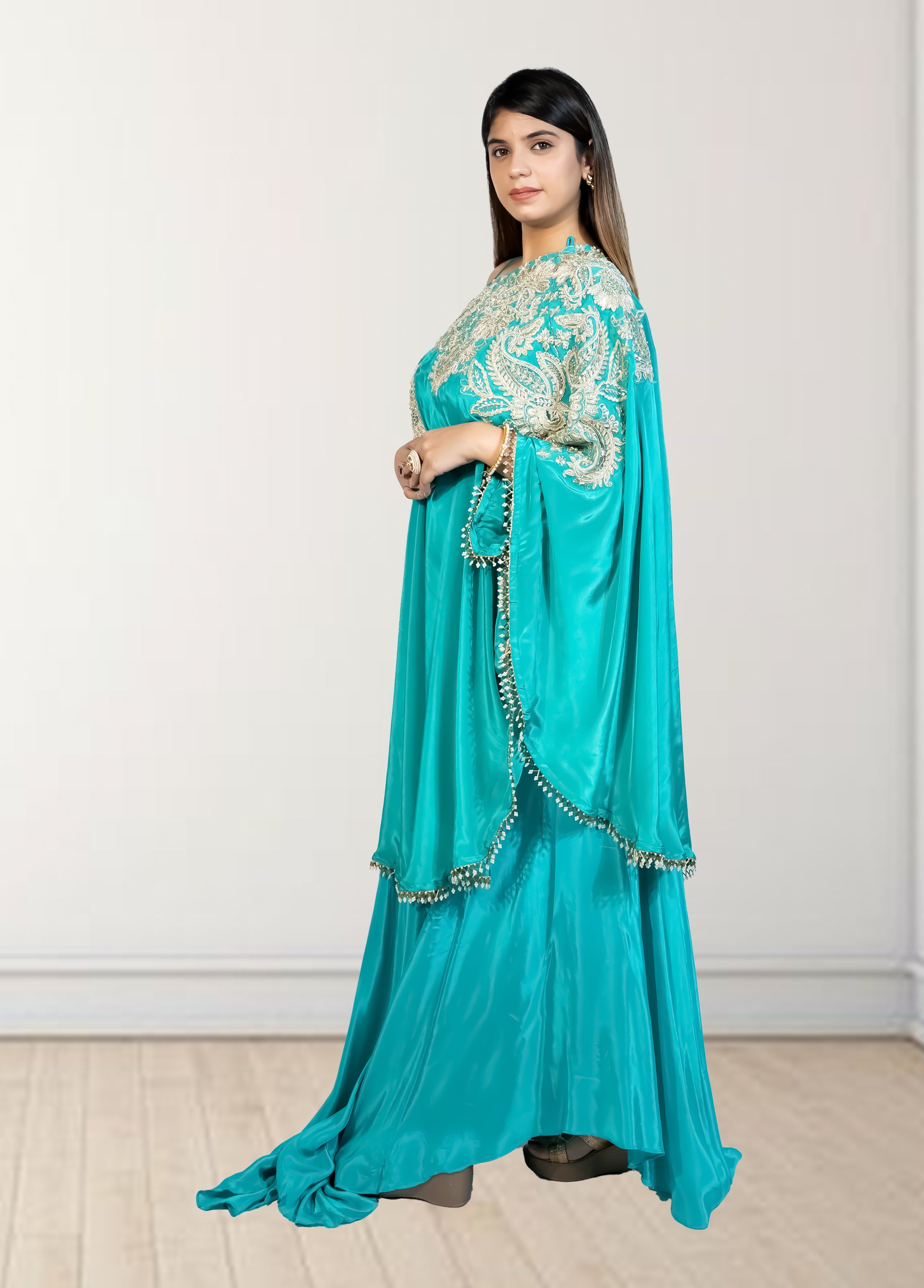 Rama Green Off-Shoulder Cape with Sharara & Breastiser | Pearl, Lace, Cut Dana & Sequence Work | Indo Western | Sizes L–XXL - Bebo N Lolo