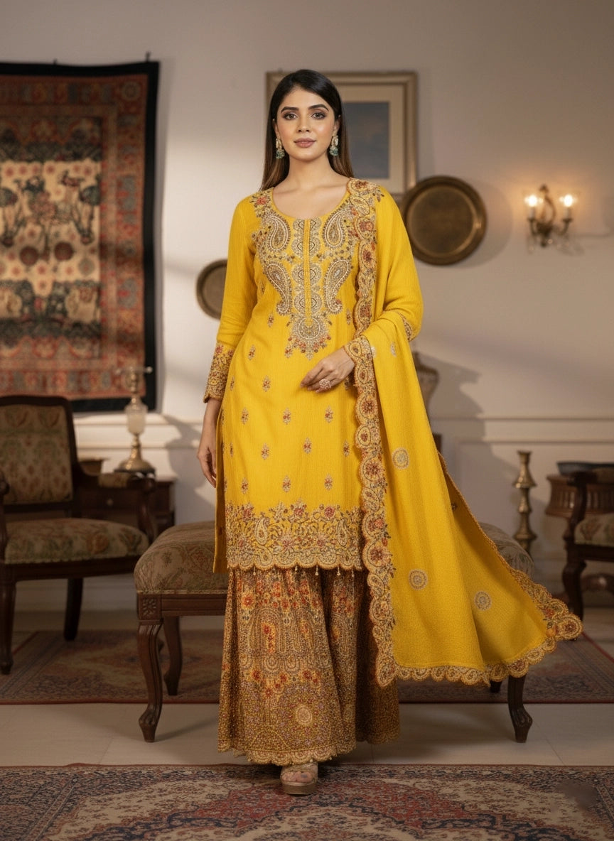 Woman in a yellow and gold traditional outfit standing in an elegant room.