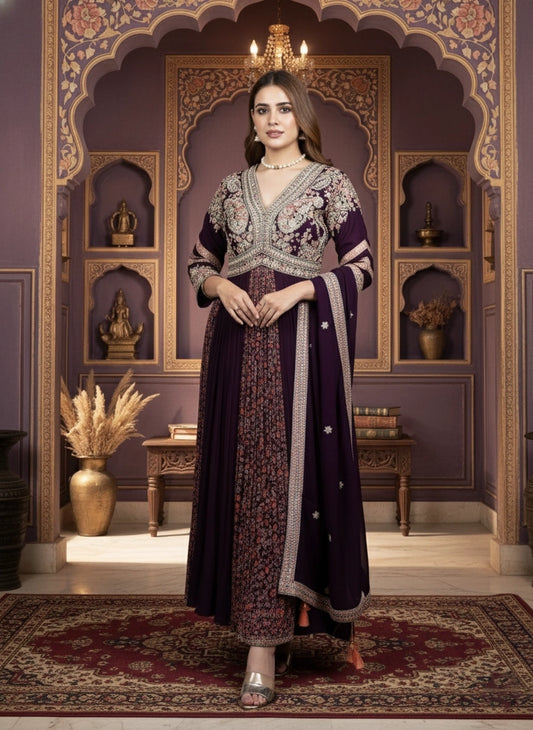 Woman in a traditional outfit standing in an ornate room with decorative walls and furniture.