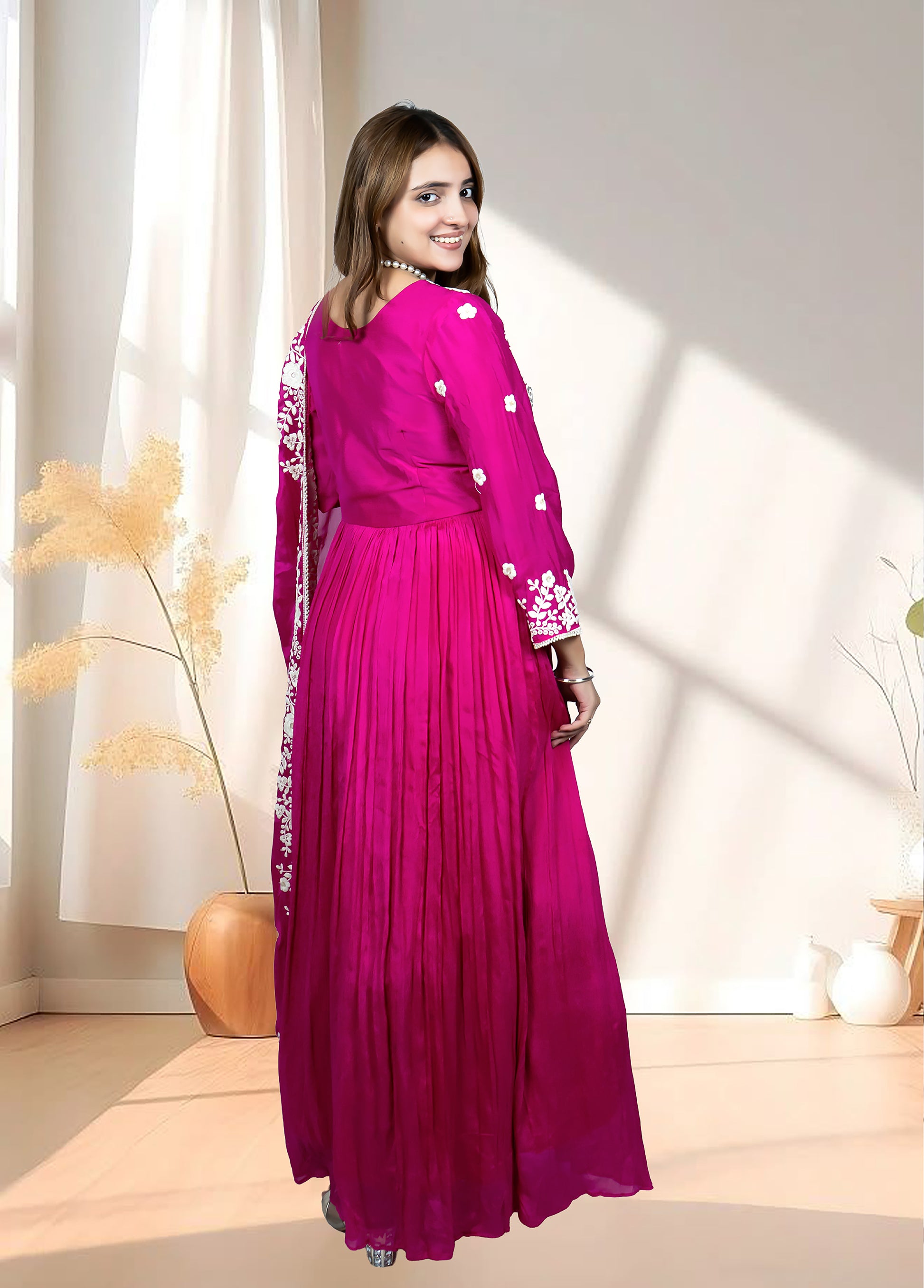 Hot Pink Chinnon Anarkali with Dupatta | Thread & Cut Dana Work | Sizes S–L - Bebo N Lolo