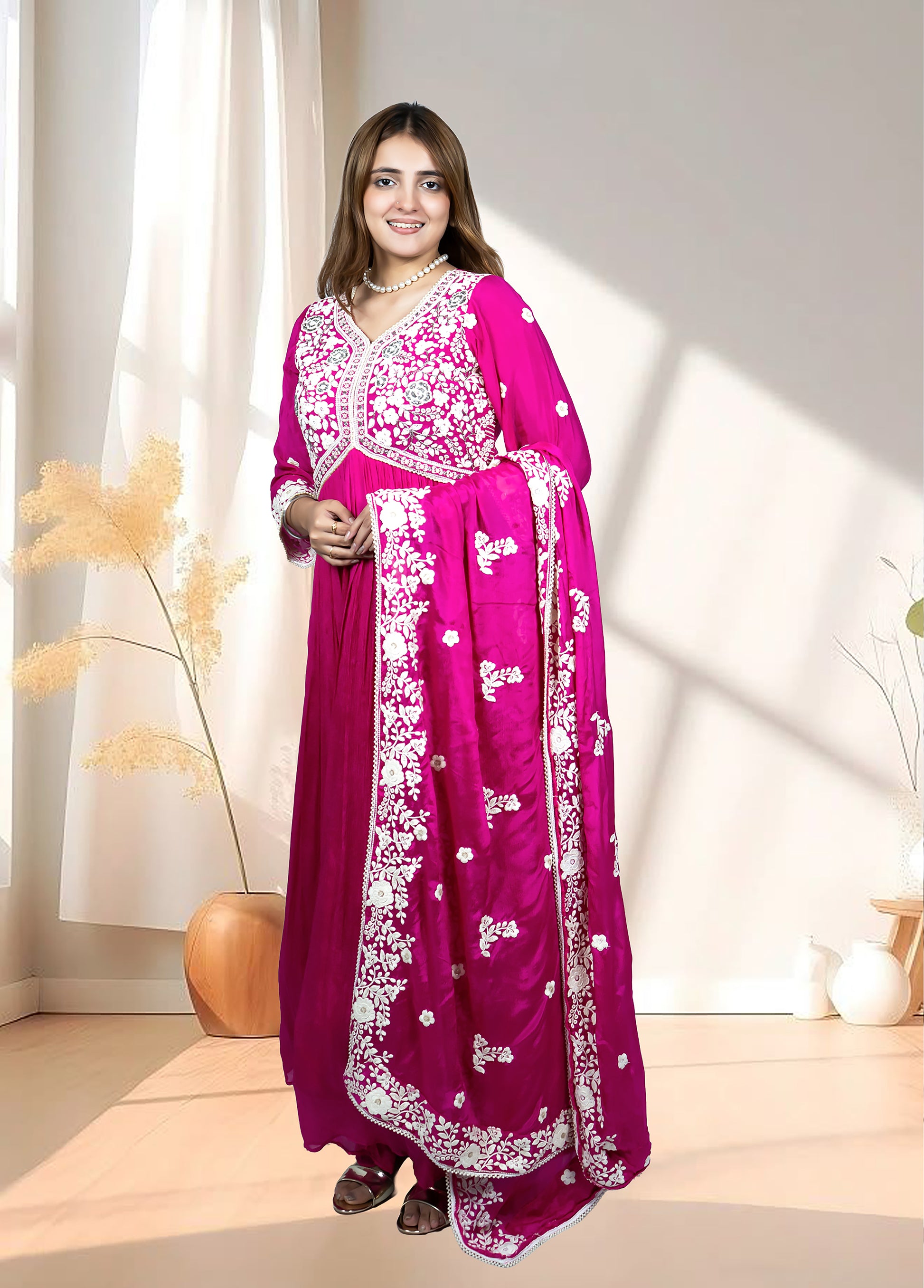 Hot Pink Chinnon Anarkali with Dupatta | Thread & Cut Dana Work | Sizes S–L - Bebo N Lolo