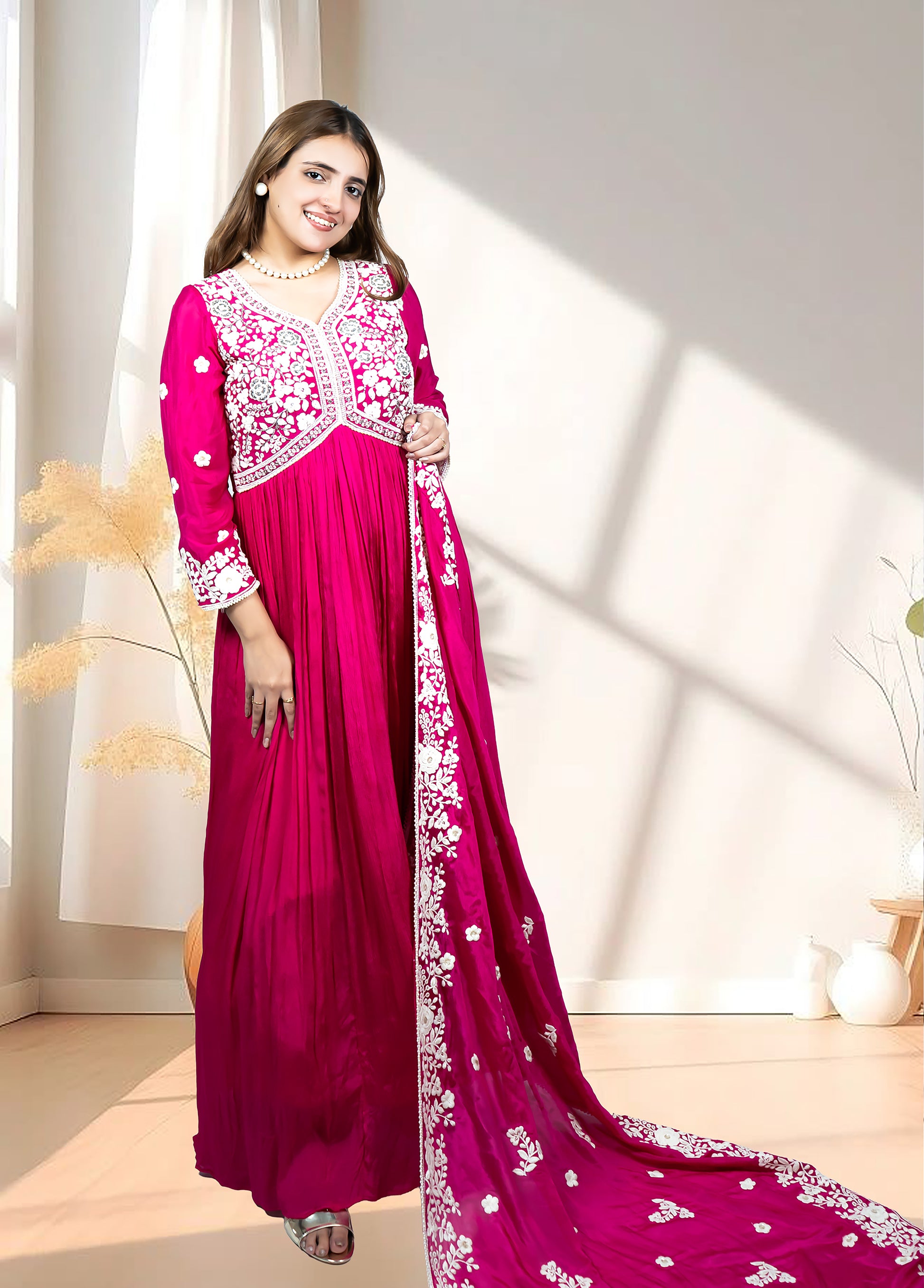 Hot Pink Chinnon Anarkali with Dupatta | Thread & Cut Dana Work | Sizes S–L - Bebo N Lolo