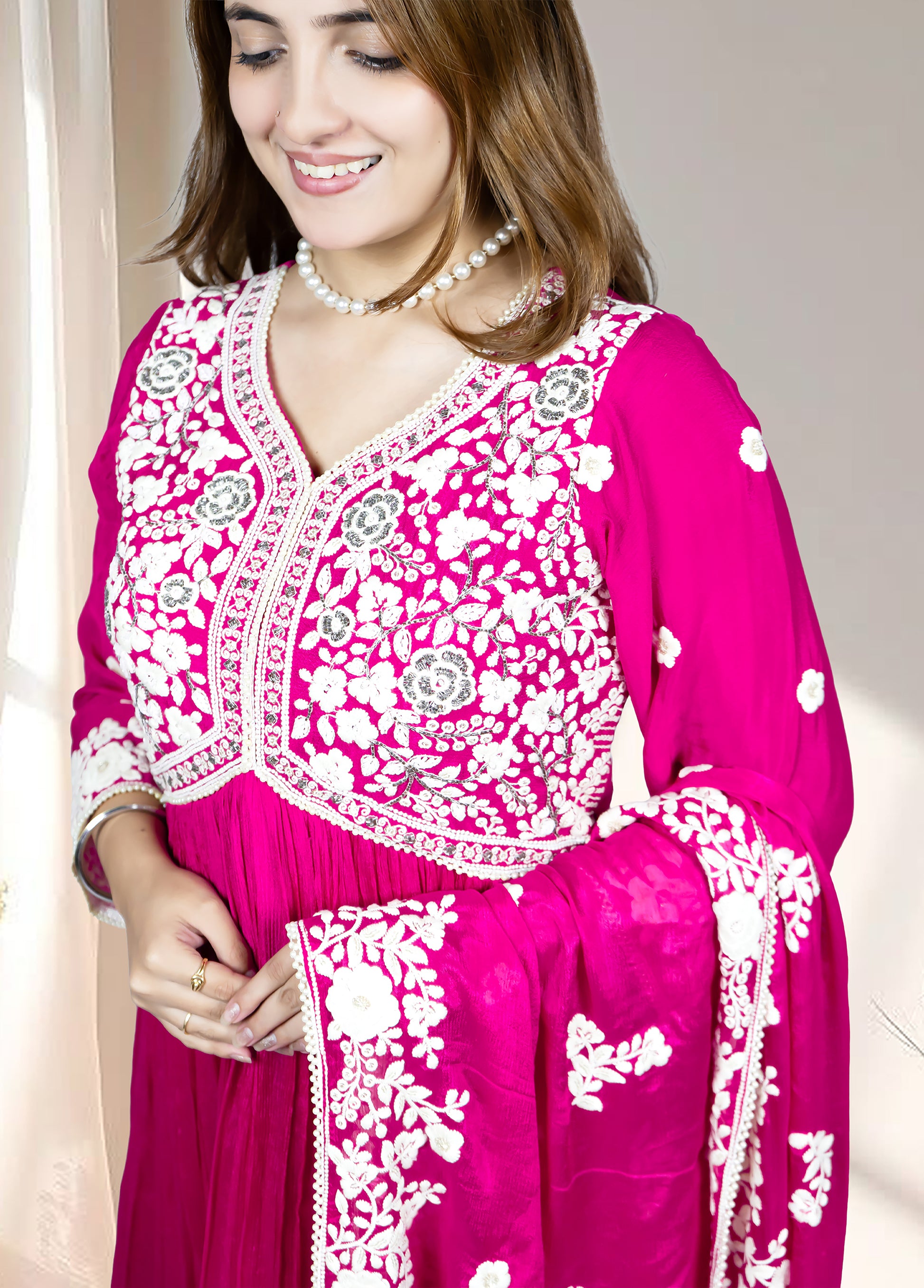 Hot Pink Chinnon Anarkali with Dupatta | Thread & Cut Dana Work | Sizes S–L - Bebo N Lolo