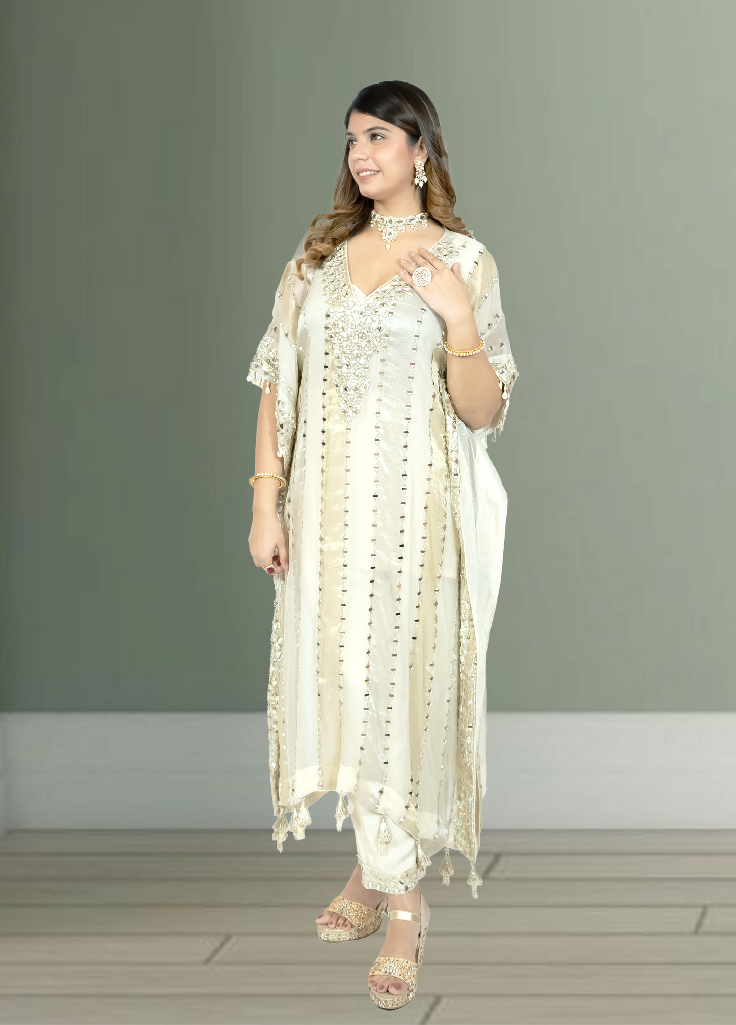 Off White Silk Kaftan with Pant | Gota & Mirror Work | Sizes M–XL - Bebo N Lolo