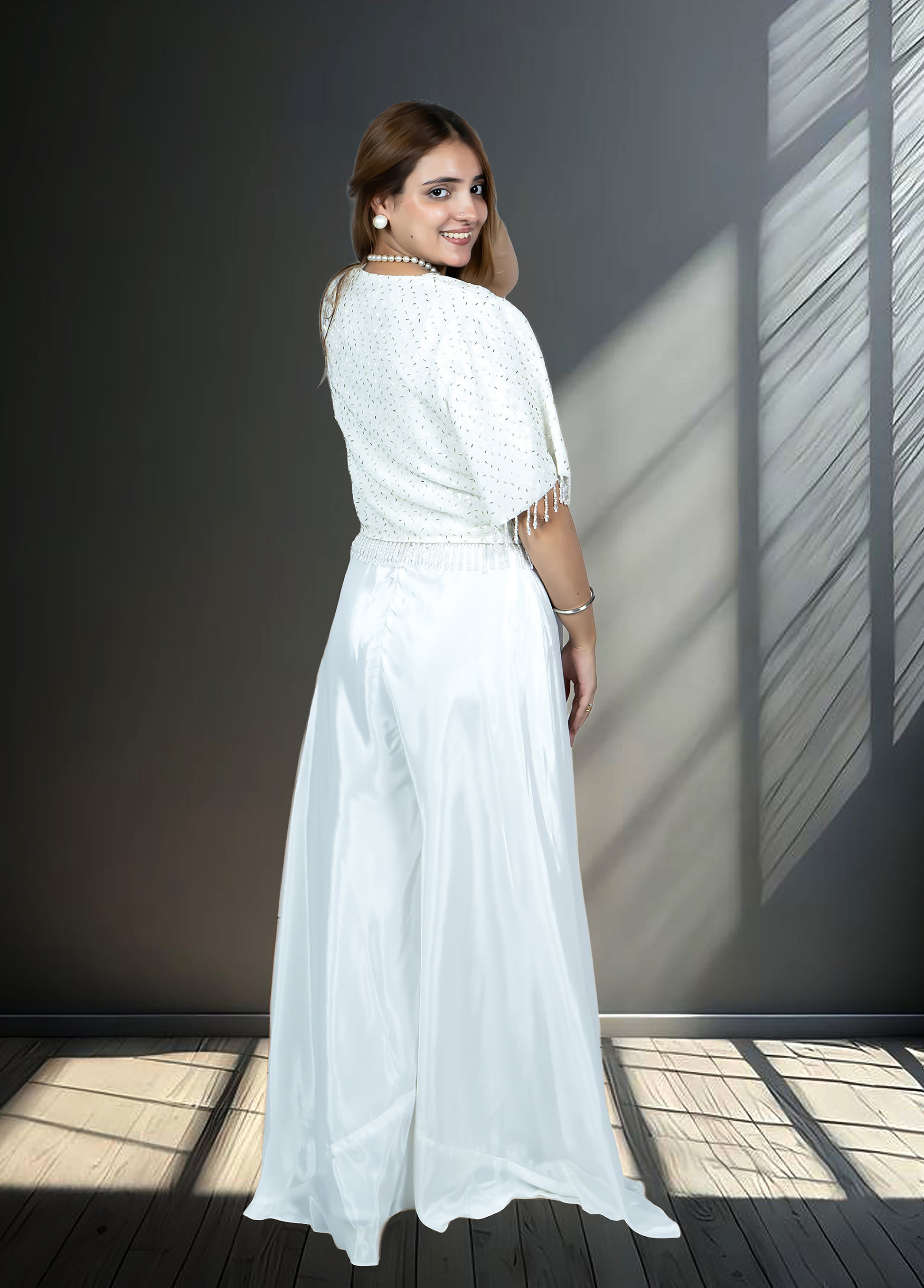 White Crape Bustier with Heavy Jacket & Loose Plazo | Sequin & Cut Dana Work | Sizes S–L - Bebo N Lolo