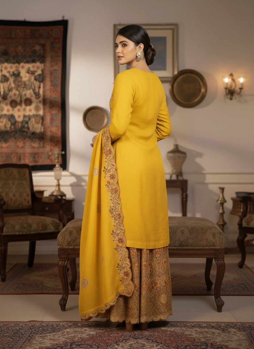 Woman in a yellow traditional outfit with a patterned dupatta in an elegant room.