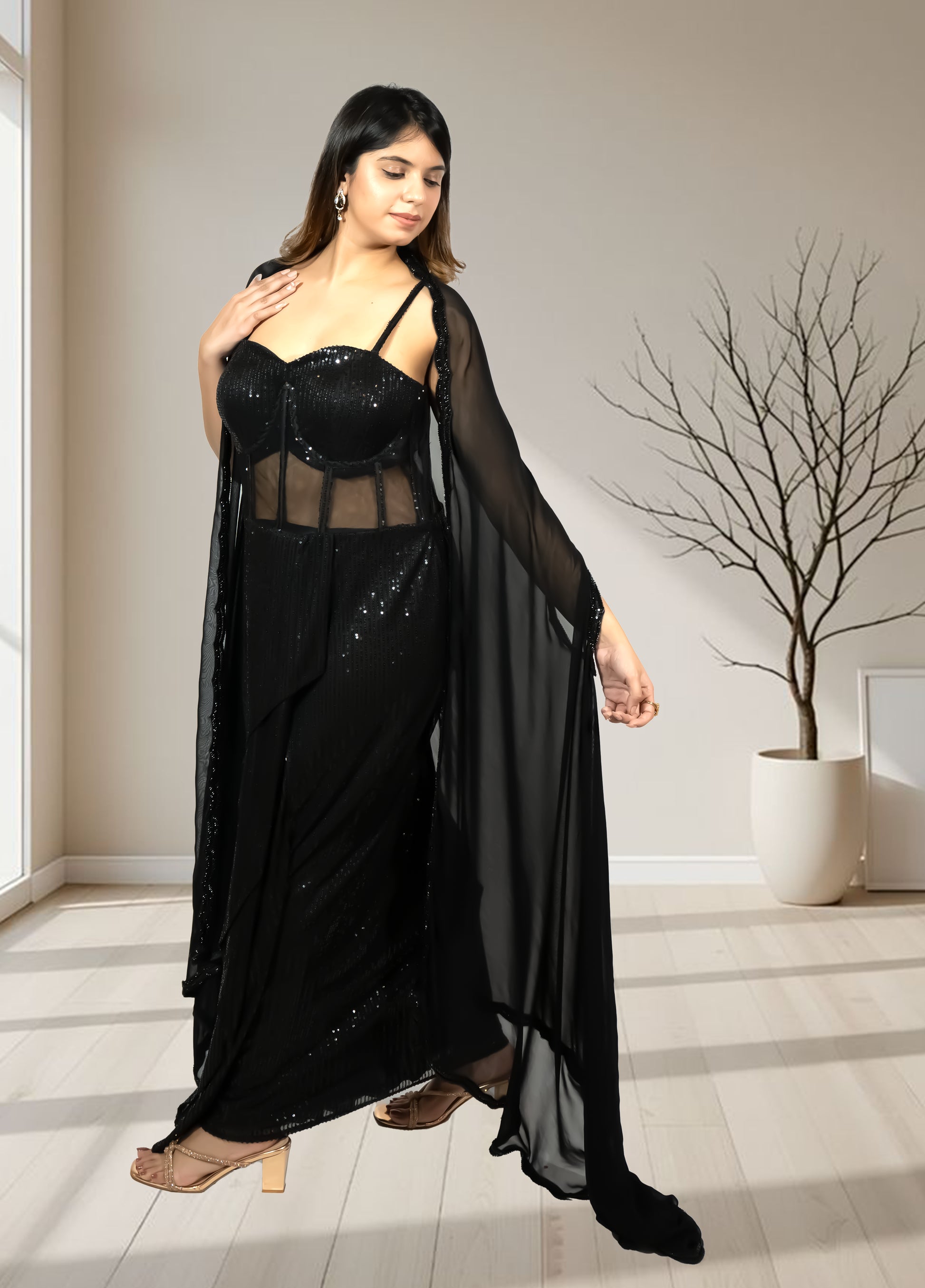 Black Pure Georgette Indo-Western Gown with Cape | Sequence & Cut Dana Work | XS–4XL sizes - Bebo N Lolo