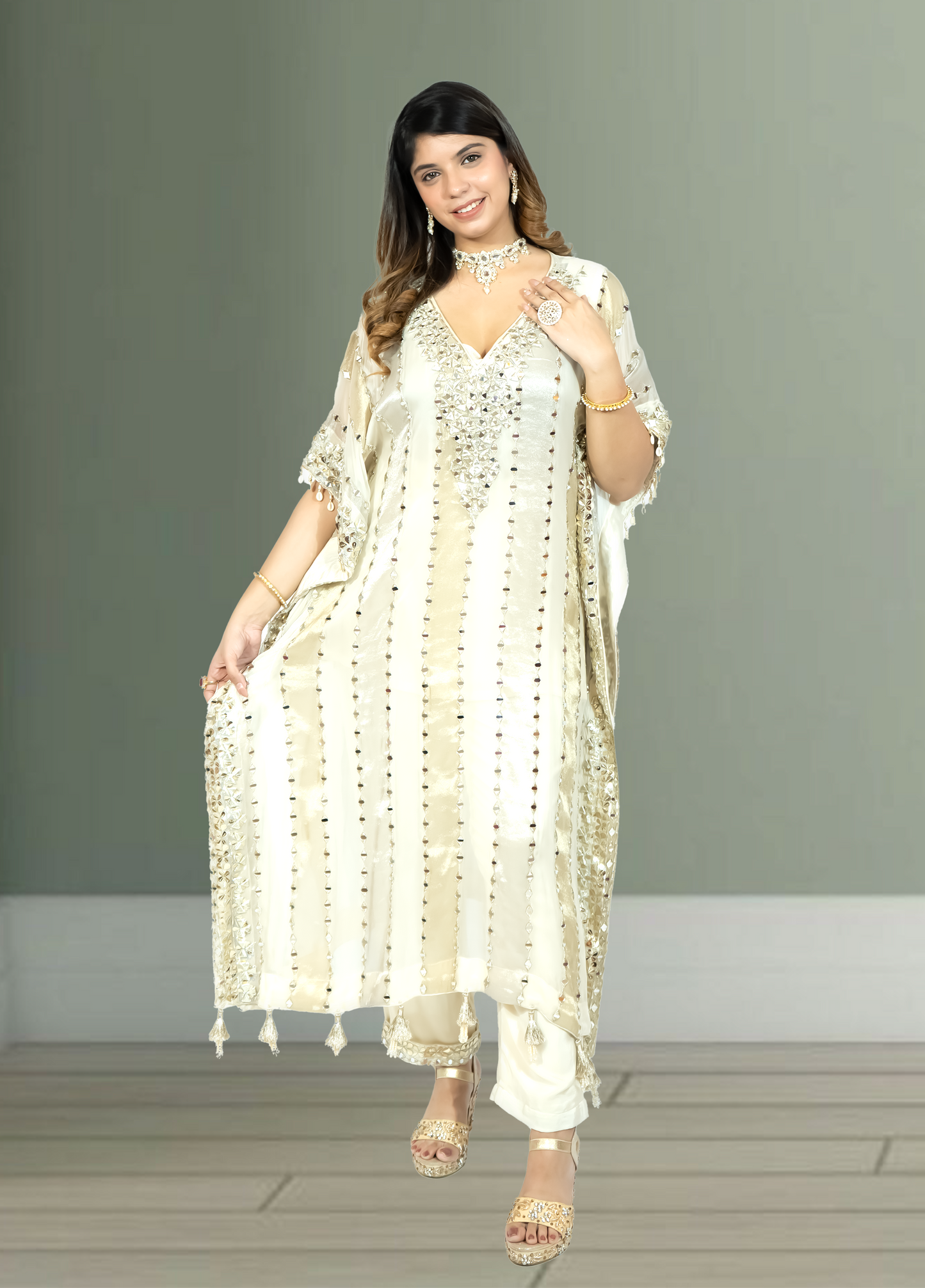 Off White Silk Kaftan with Pant | Gota & Mirror Work | Sizes M–XL - Bebo N Lolo