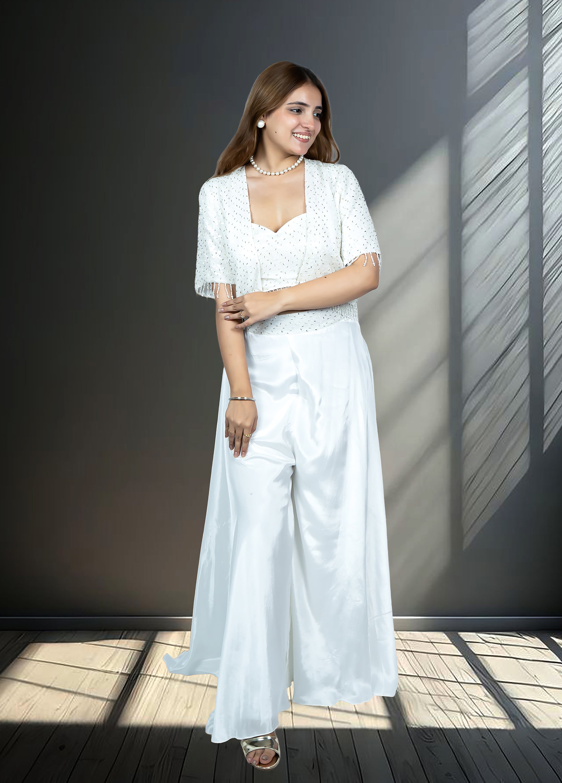 White Crape Bustier with Heavy Jacket & Loose Plazo | Sequin & Cut Dana Work | Sizes S–L - Bebo N Lolo