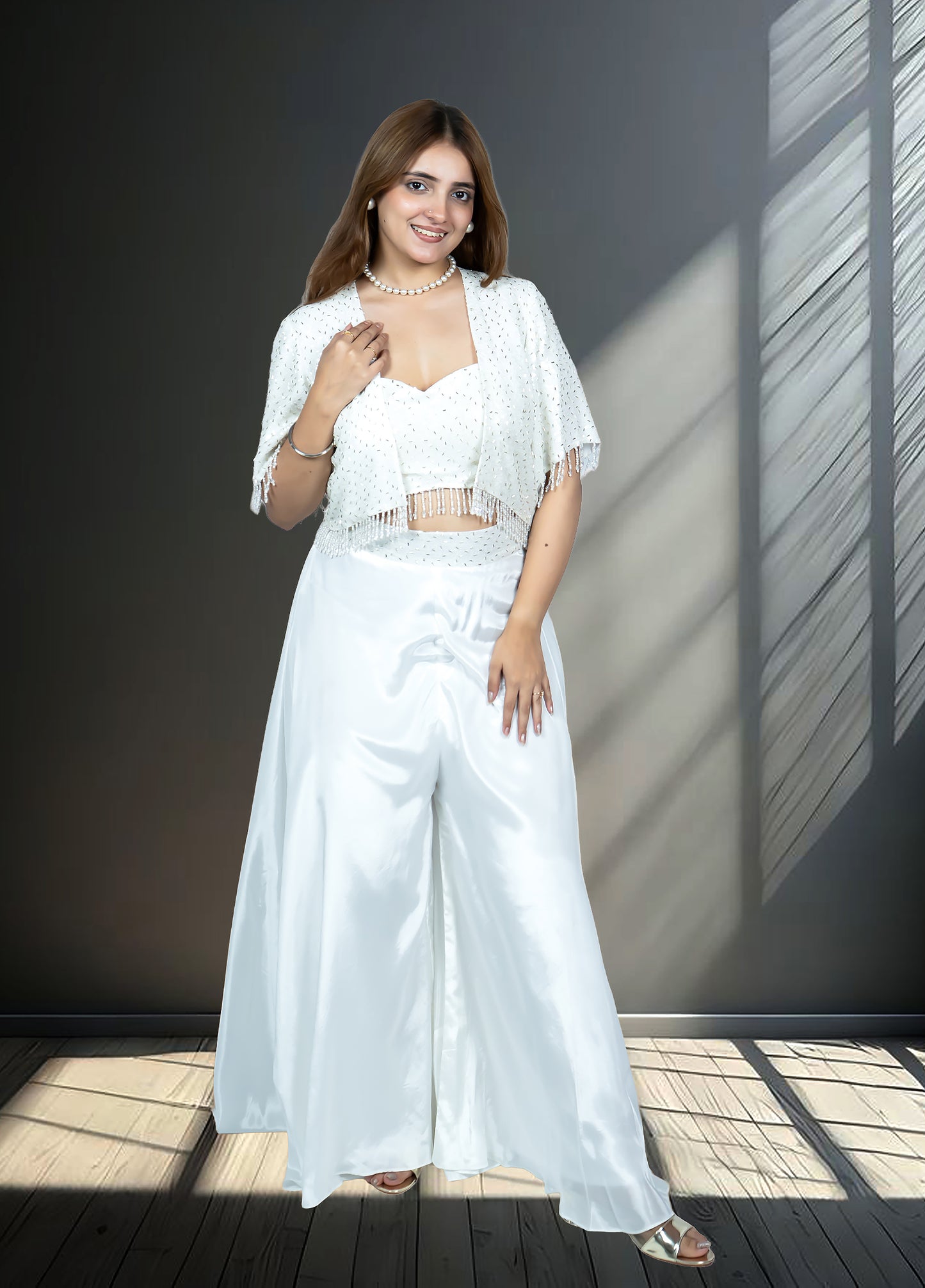 White Crape Bustier with Heavy Jacket & Loose Plazo | Sequin & Cut Dana Work | Sizes S–L - Bebo N Lolo