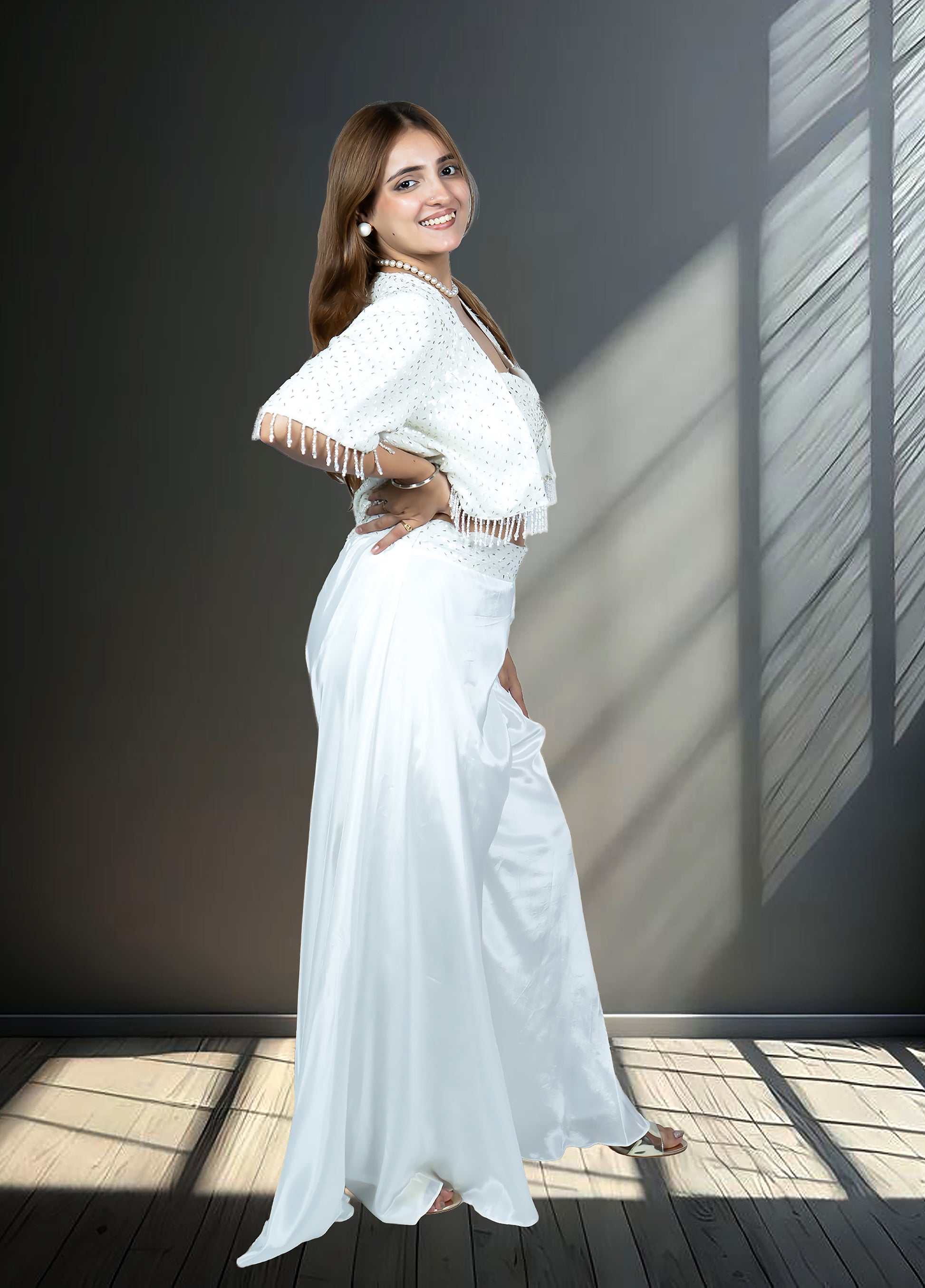 White Crape Bustier with Heavy Jacket & Loose Plazo | Sequin & Cut Dana Work | Sizes S–L - Bebo N Lolo
