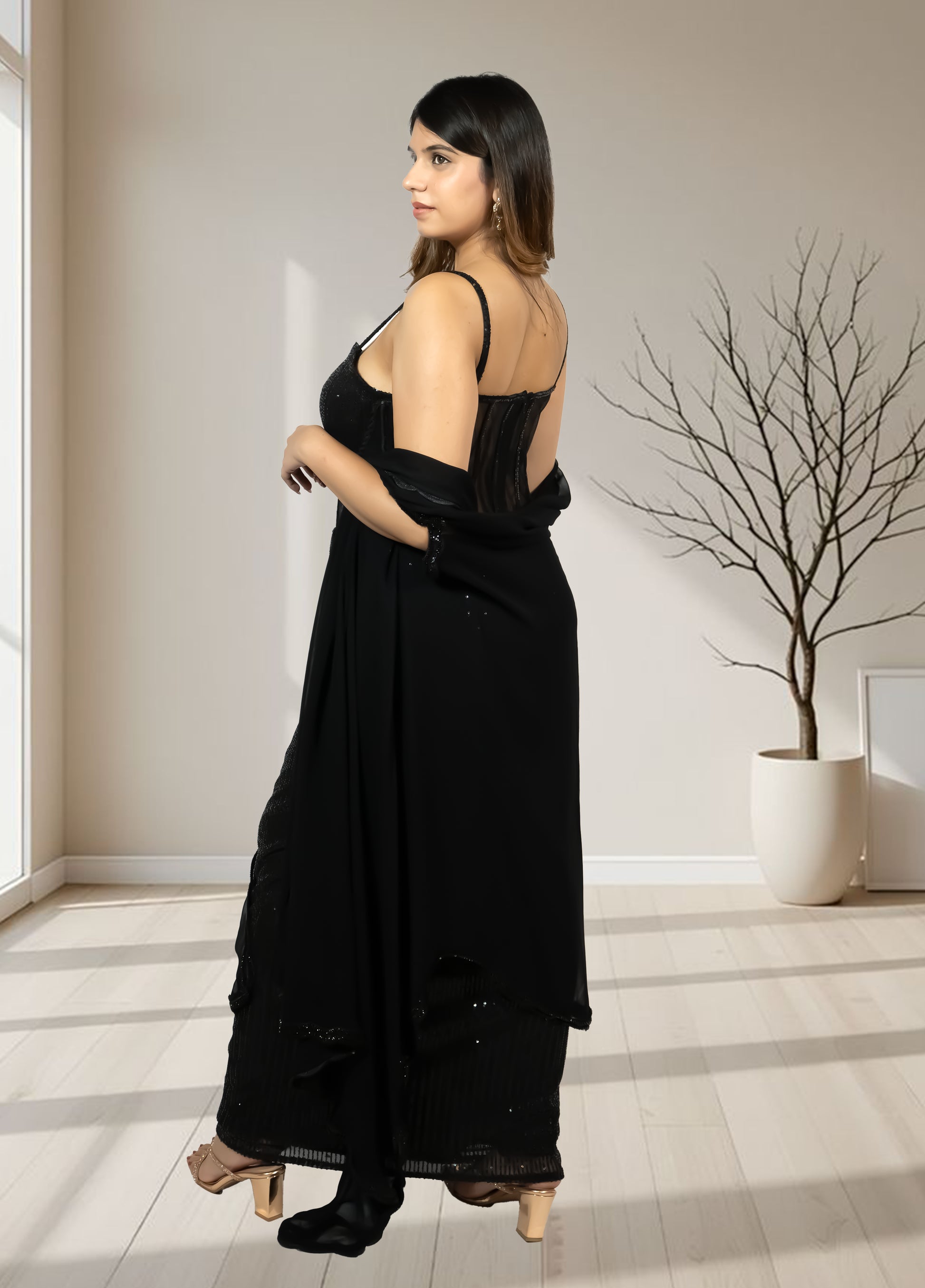 Black Pure Georgette Indo-Western Gown with Cape | Sequence & Cut Dana Work | XS–4XL sizes - Bebo N Lolo
