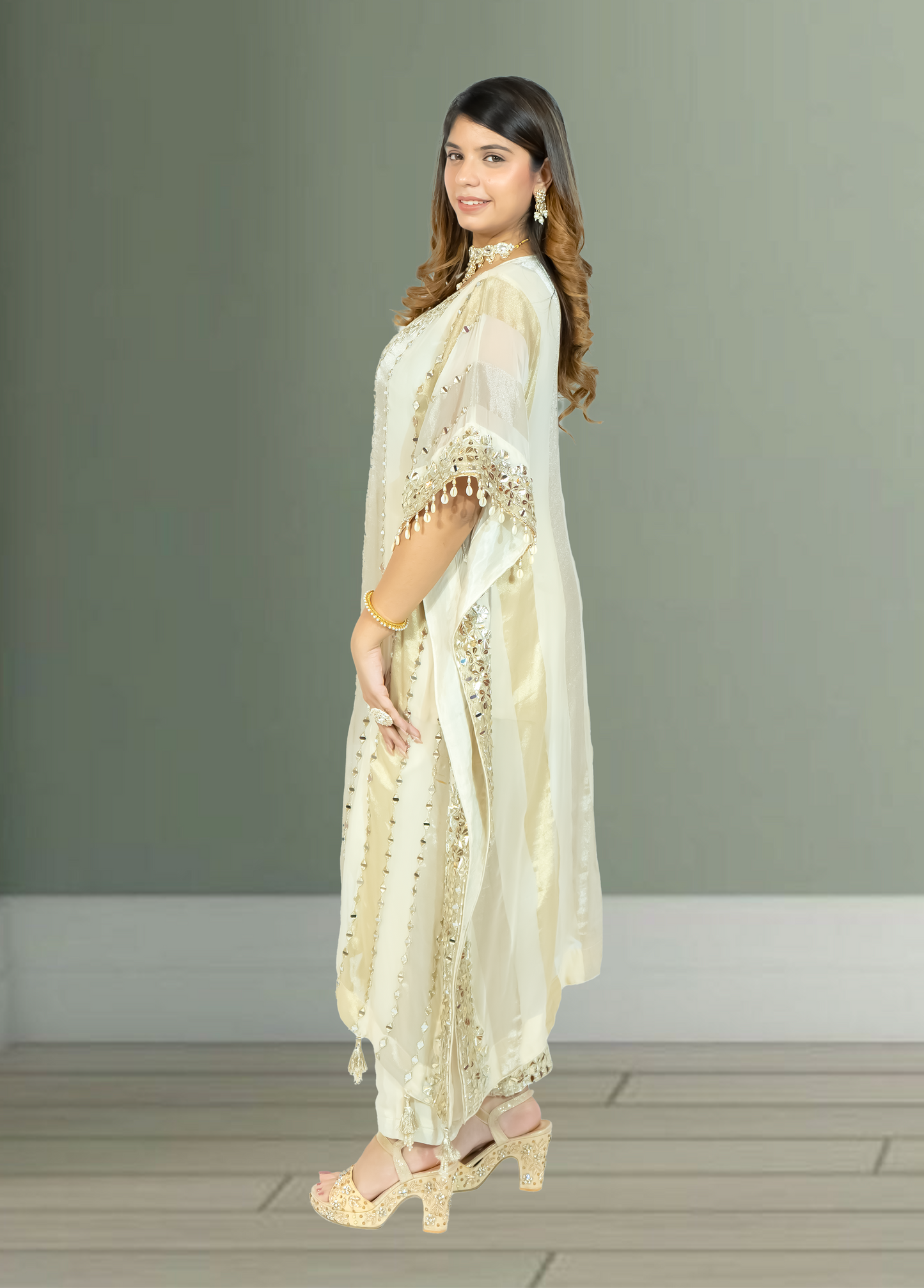 Off White Silk Kaftan with Pant | Gota & Mirror Work | Sizes M–XL - Bebo N Lolo