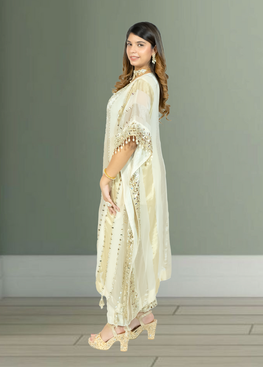 Off White Silk Kaftan with Pant | Gota & Mirror Work | Sizes M–XL - Bebo N Lolo