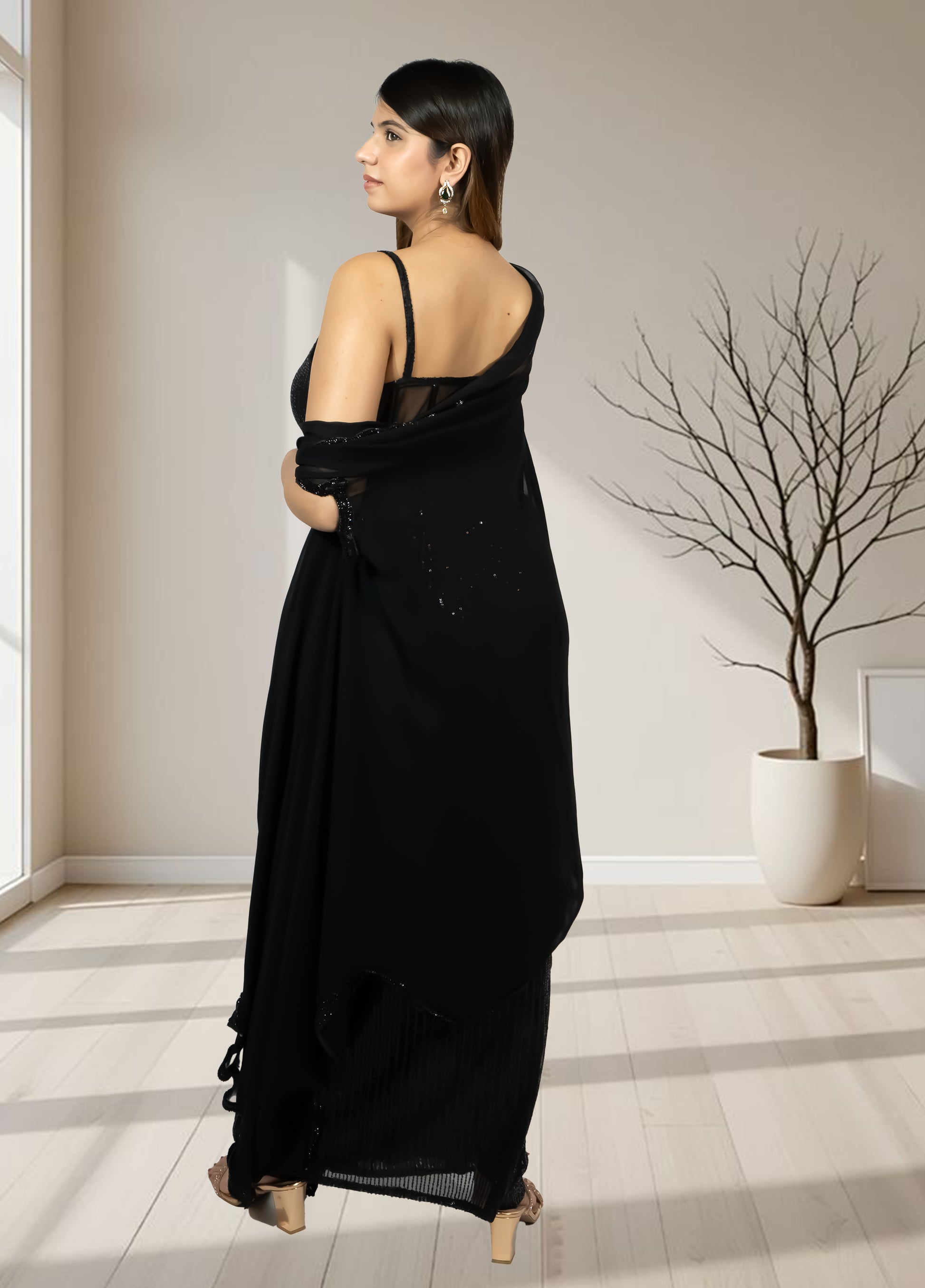 Black Pure Georgette Indo-Western Gown with Cape | Sequence & Cut Dana Work | XS–4XL sizes - Bebo N Lolo
