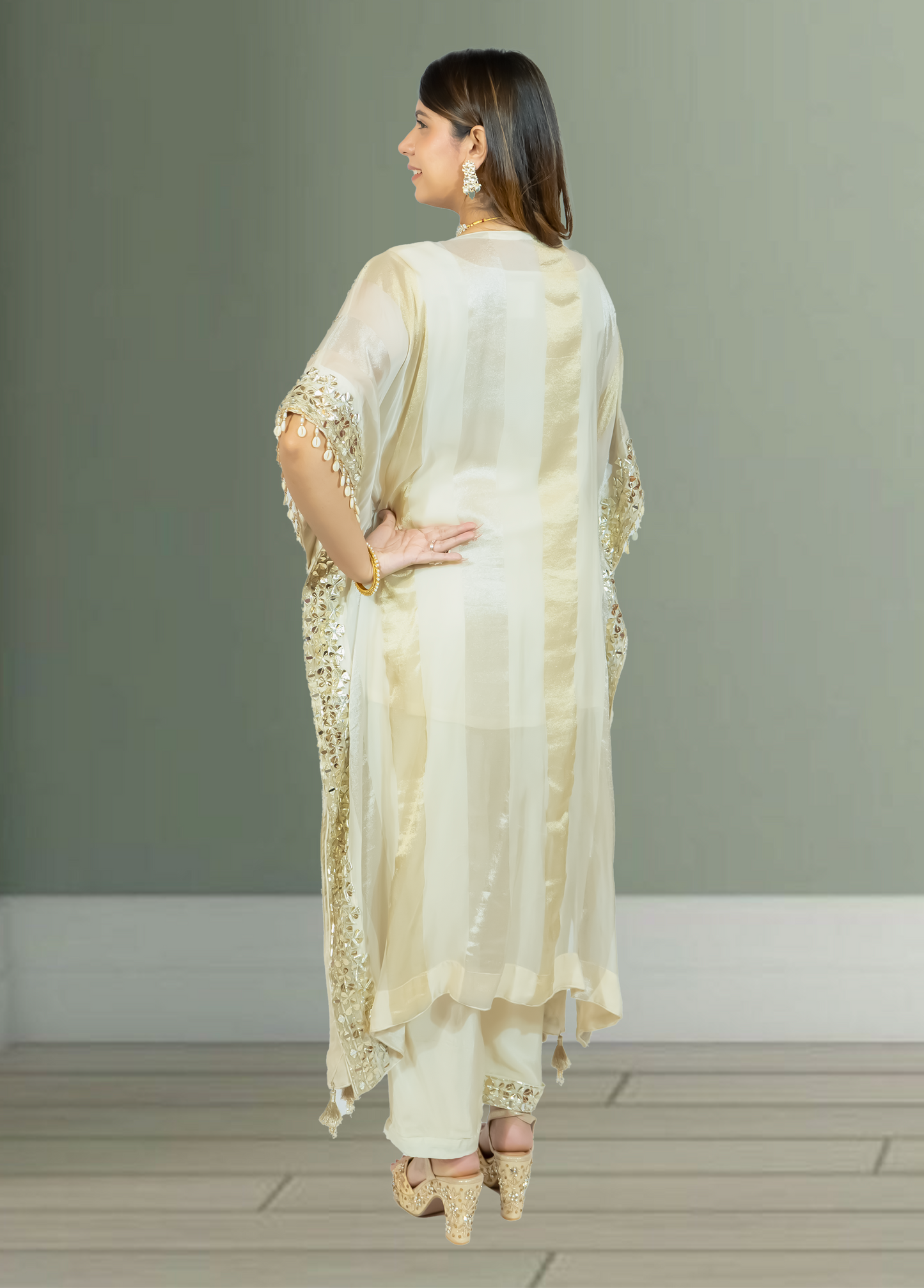 Off White Silk Kaftan with Pant | Gota & Mirror Work | Sizes M–XL - Bebo N Lolo
