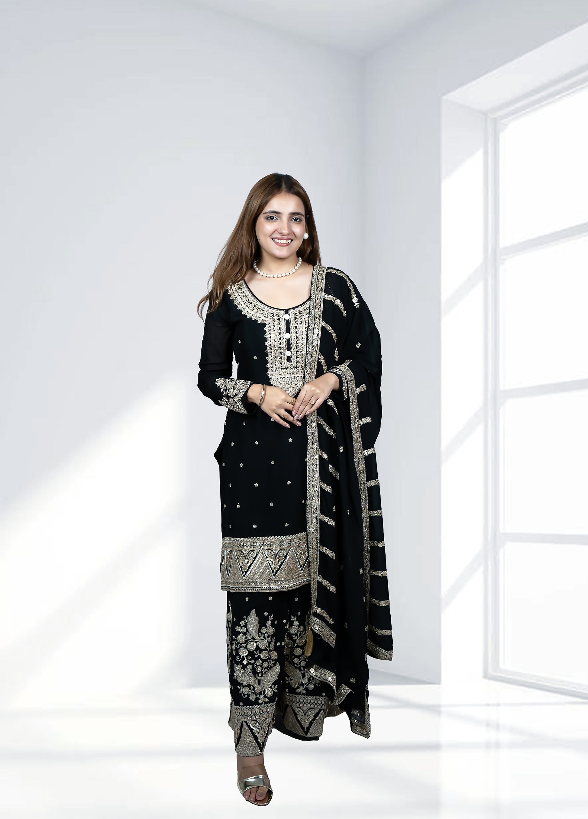 Black Chinnon Garara Suit with Heavy Dupatta | Sequence & Pearl Work | Sizes M–XL - Bebo N Lolo