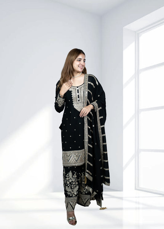 Black Chinnon Garara Suit with Heavy Dupatta | Sequence & Pearl Work | Sizes M–XL - Bebo N Lolo