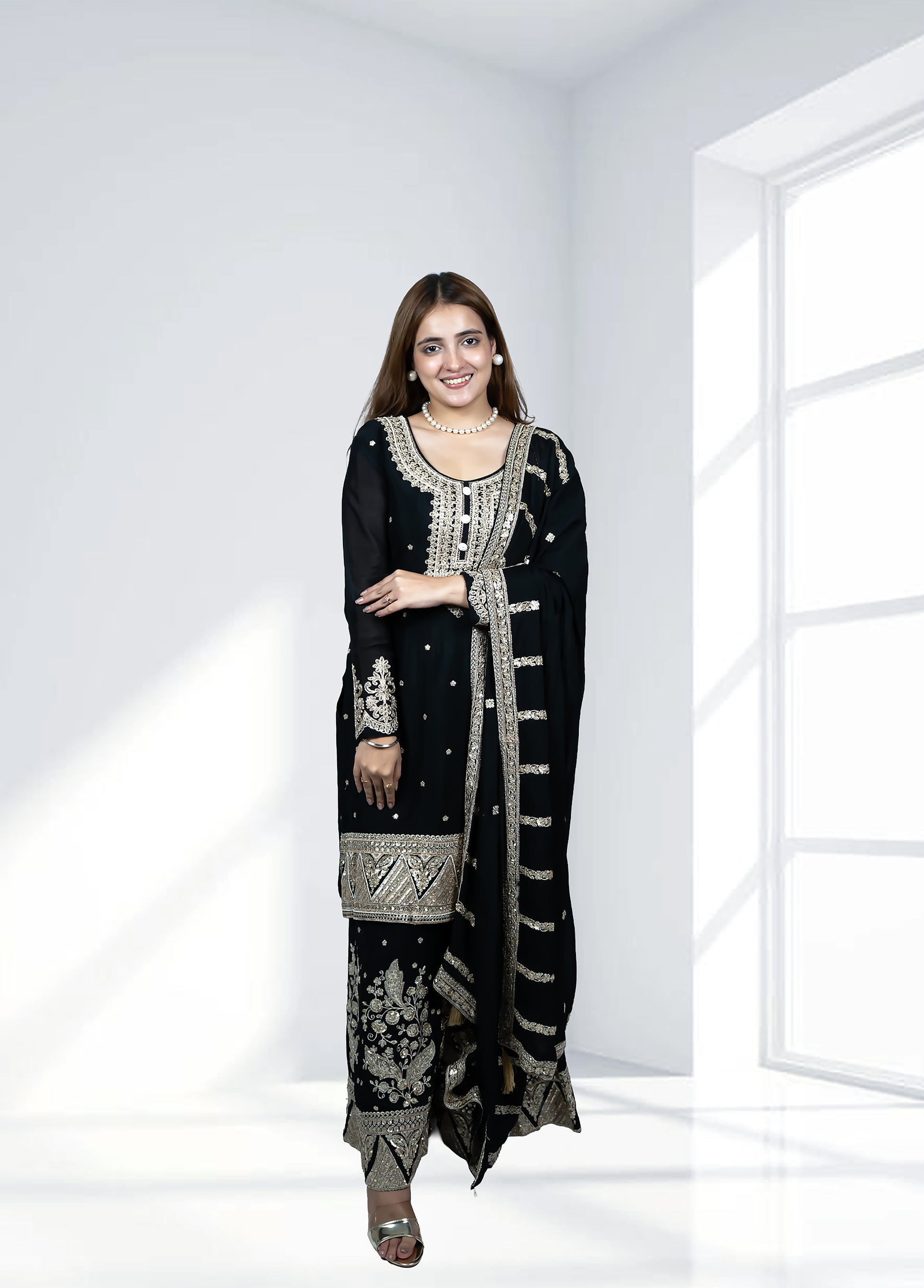 Black Chinnon Garara Suit with Heavy Dupatta | Sequence & Pearl Work | Sizes M–XL - Bebo N Lolo