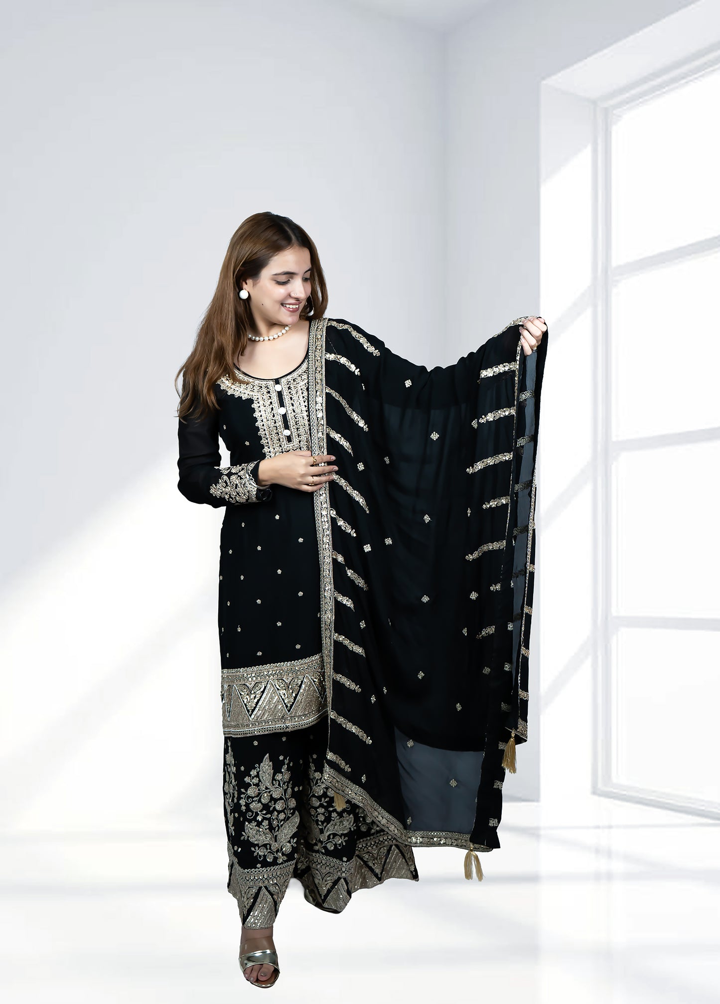 Black Chinnon Garara Suit with Heavy Dupatta | Sequence & Pearl Work | Sizes M–XL - Bebo N Lolo