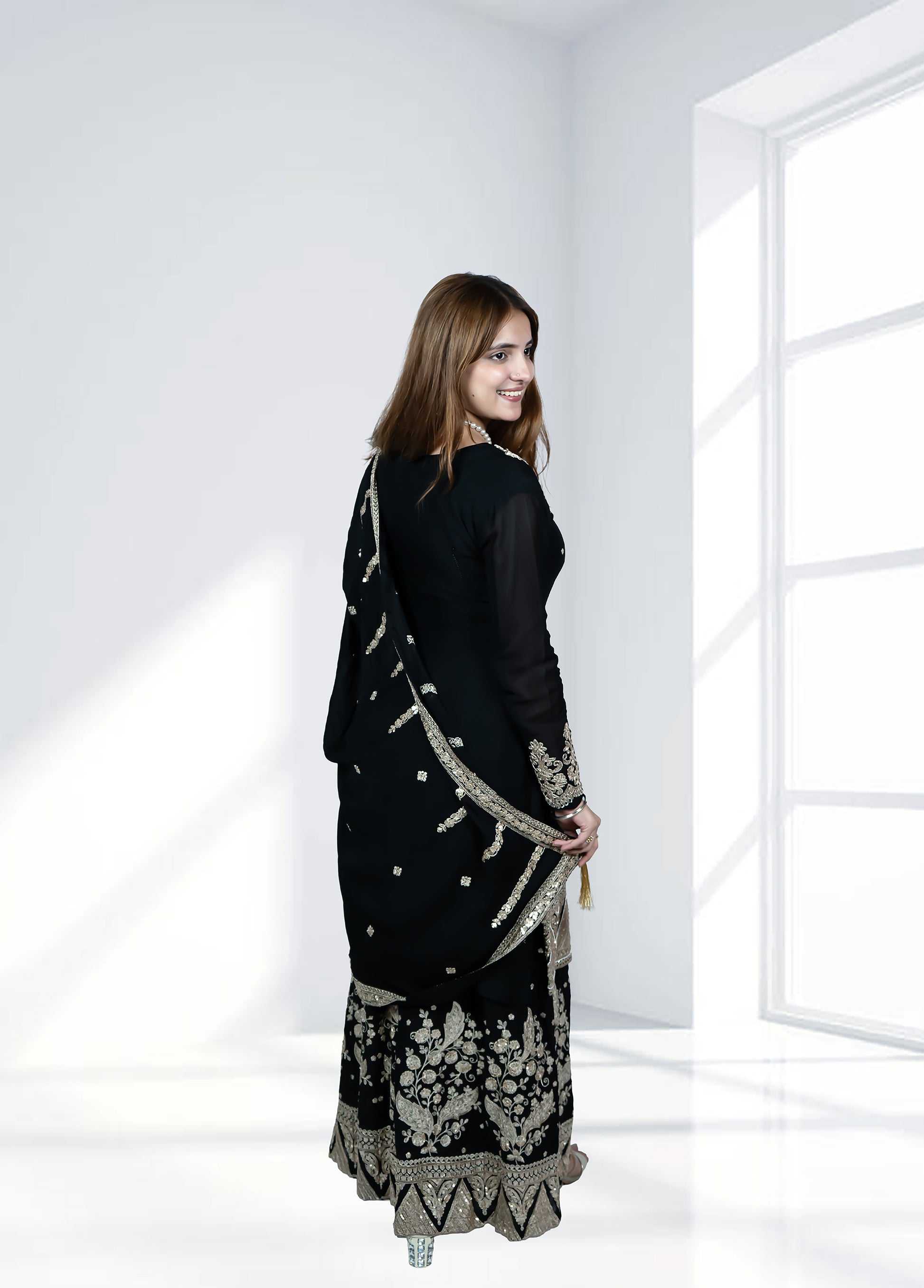 Black Chinnon Garara Suit with Heavy Dupatta | Sequence & Pearl Work | Sizes M–XL - Bebo N Lolo